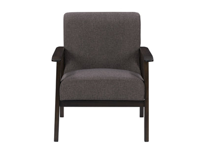 Brown wood accent chair with cushioned seat and backrest, featuring sleek lines and minimalist design.