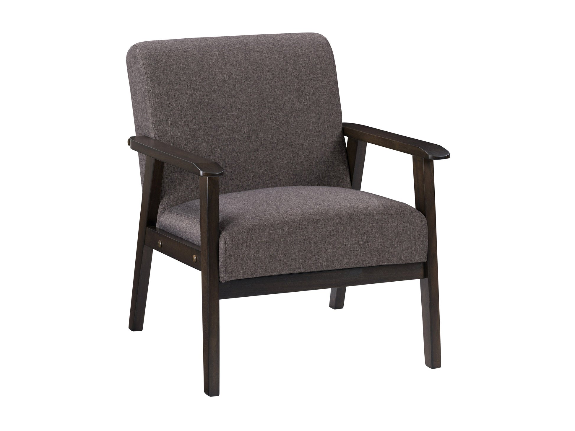 Brown wood accent chair with cushioned seat, mid-century modern design, and sleek armrests.