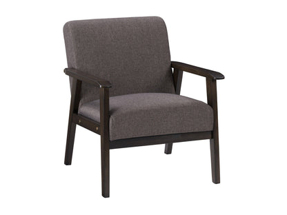 Brown wood accent chair with cushioned seat, mid-century modern design, and sleek armrests.