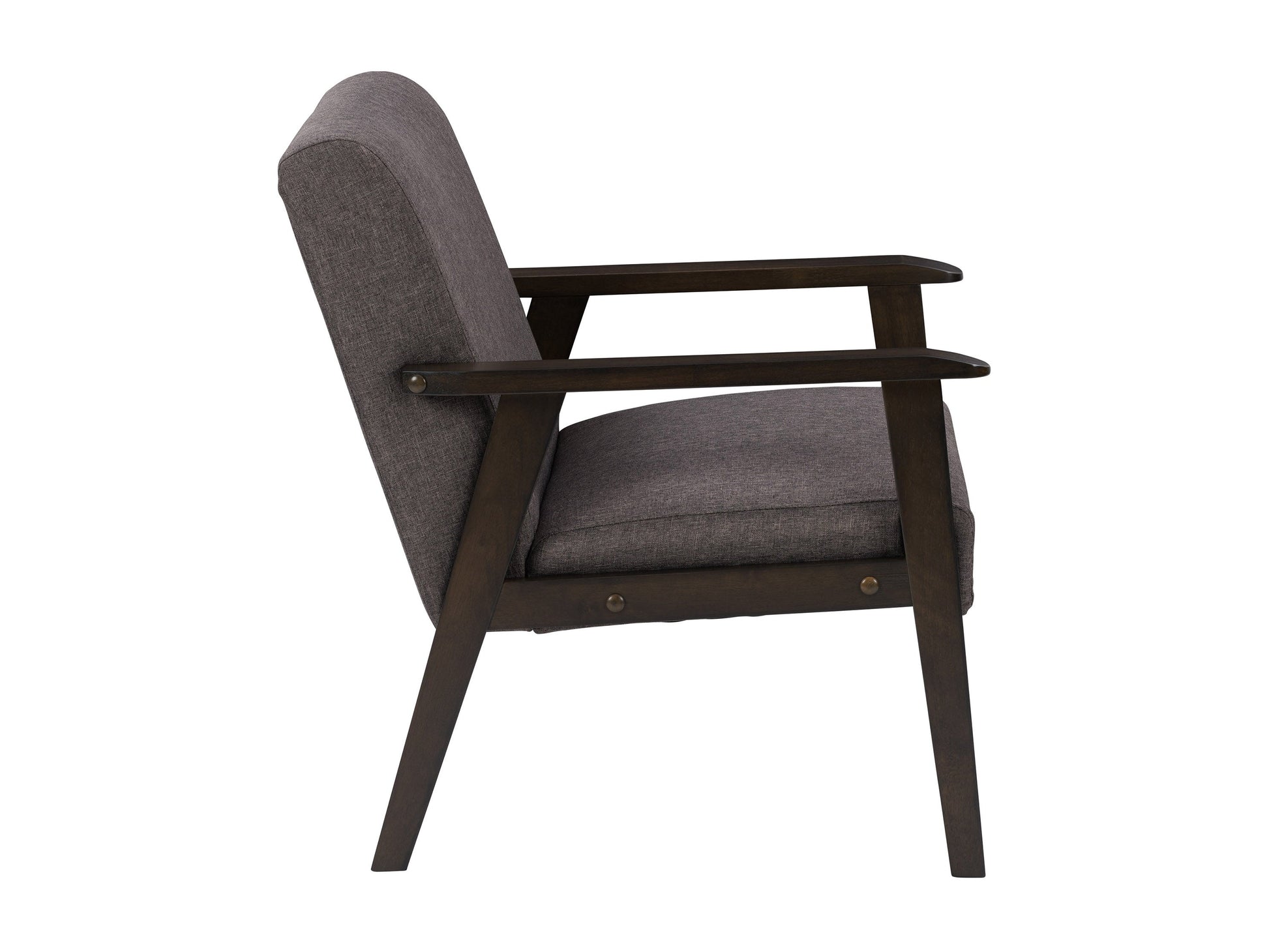 Brown wood accent chair with cushioned seat, curved backrest, and modern design.