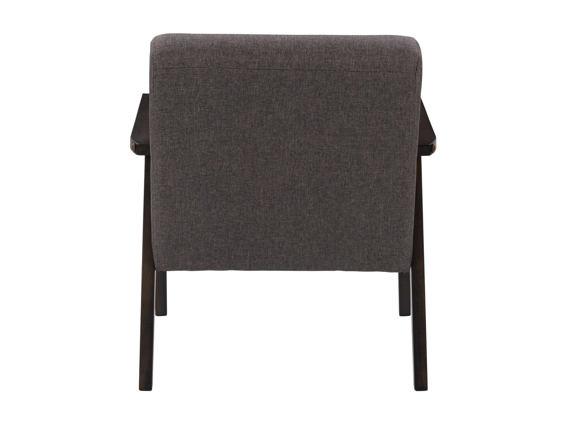 Brown wood accent chair with grey fabric cushions, curved armrests, and mid-century modern design.