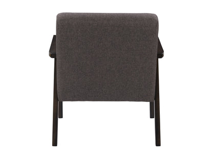 Brown wood accent chair with grey fabric cushions, curved armrests, and mid-century modern design.
