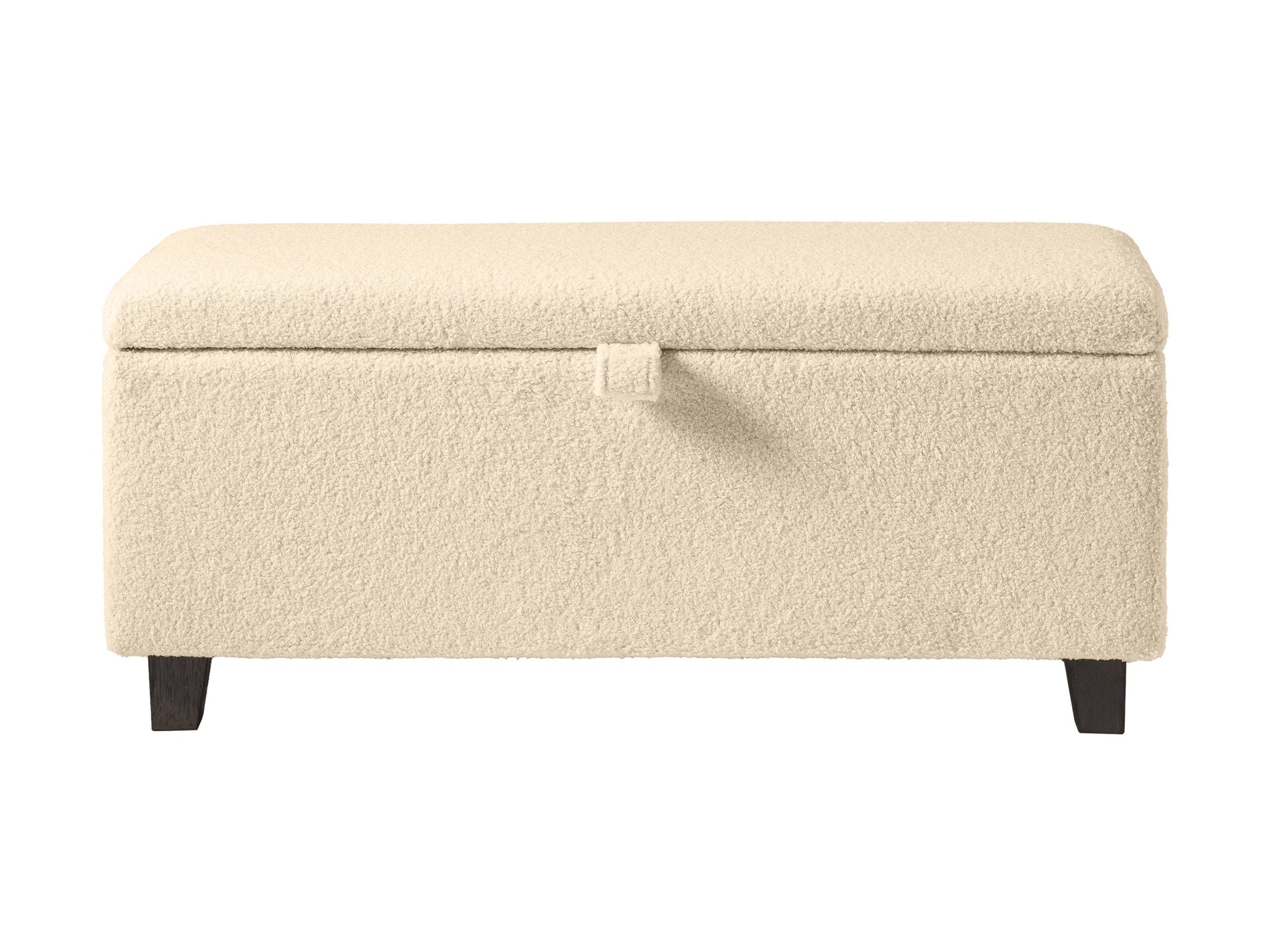 Cream boucle ottoman with hidden storage, wooden legs, and tufted top for modern living rooms.