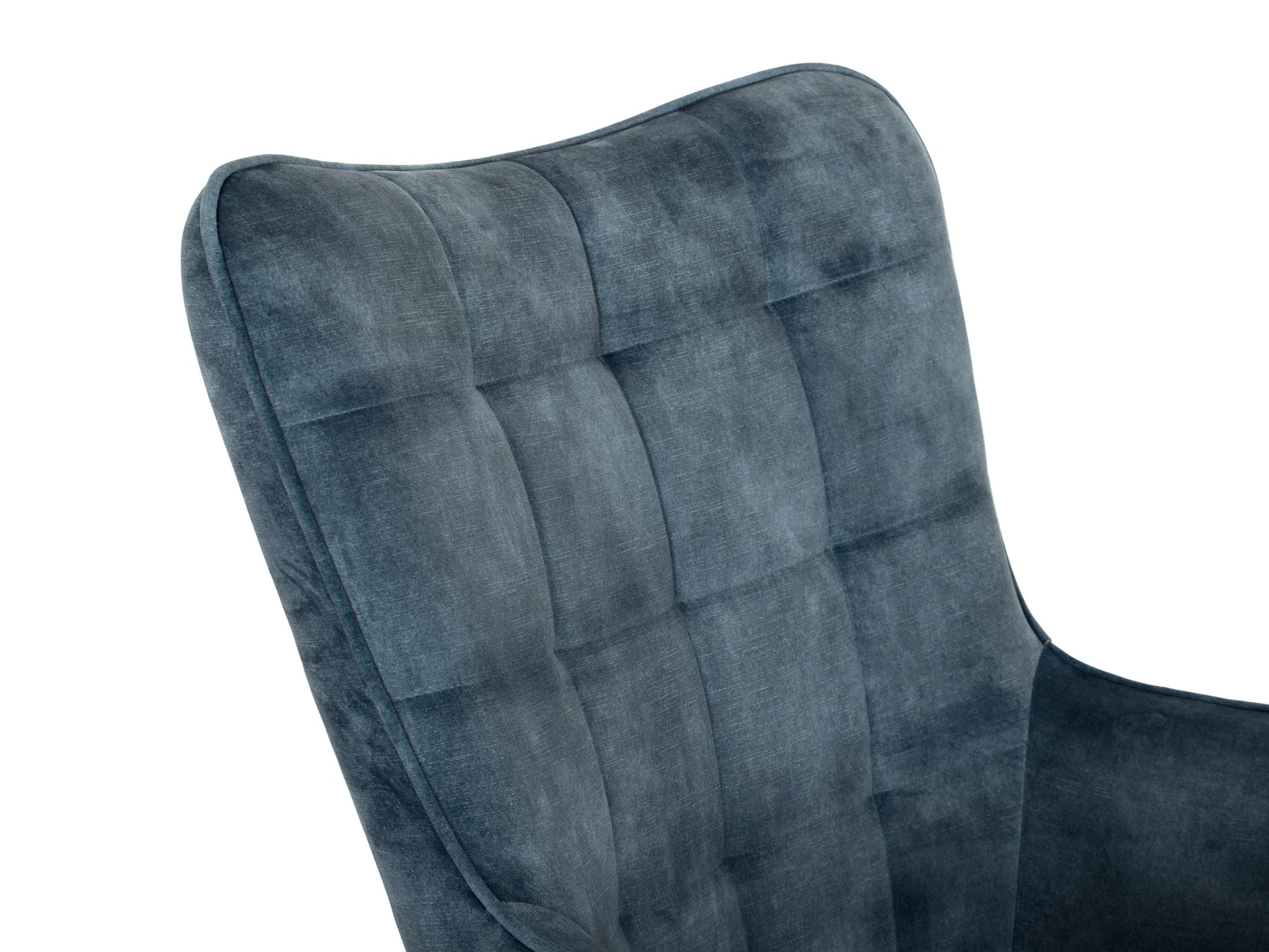 Dark teal velvet accent chair with matching stool, featuring tufted cushions and sleek wooden legs.