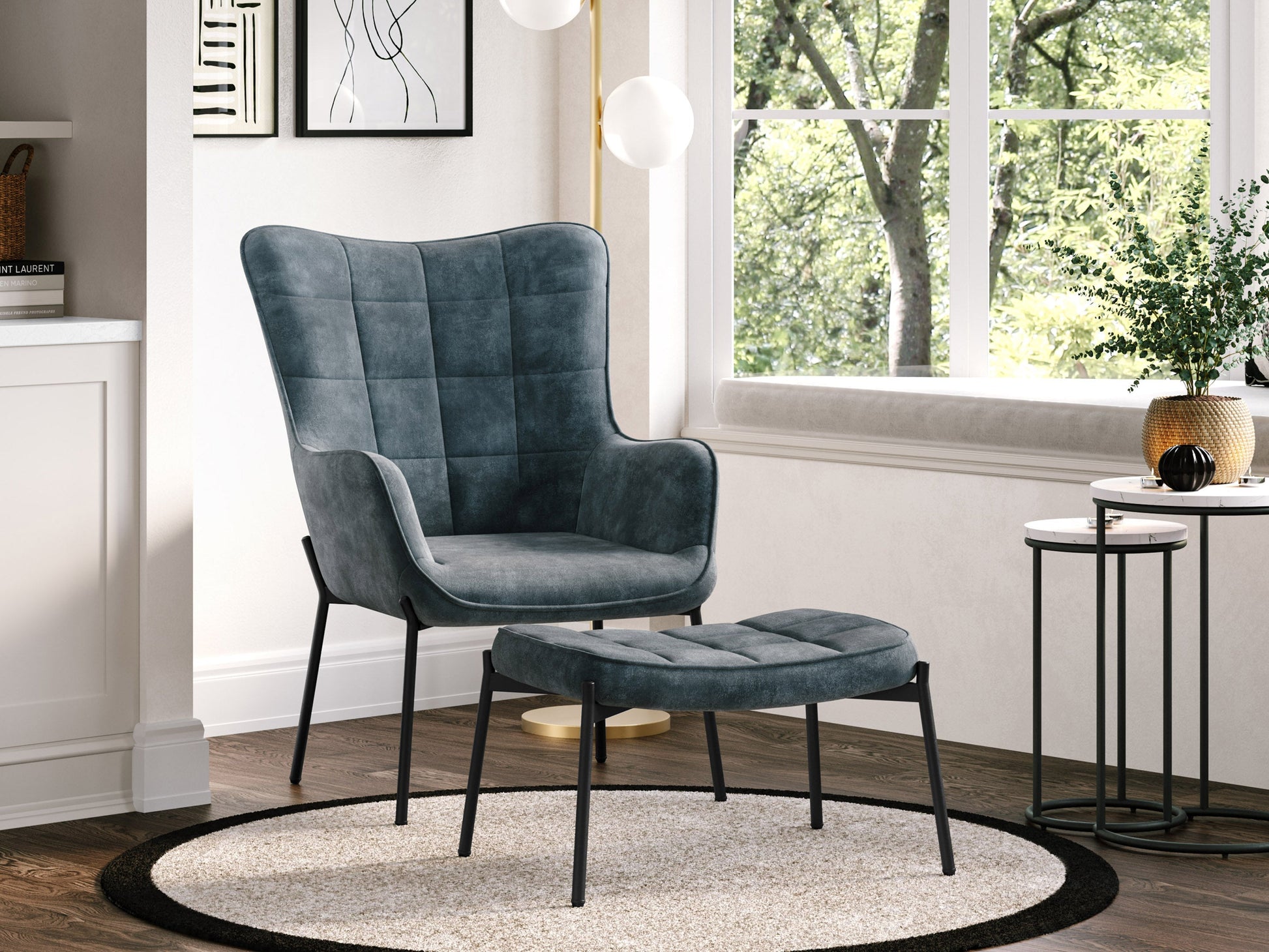 Dark teal velvet accent chair with matching ottoman, mid-century modern design, wooden legs.