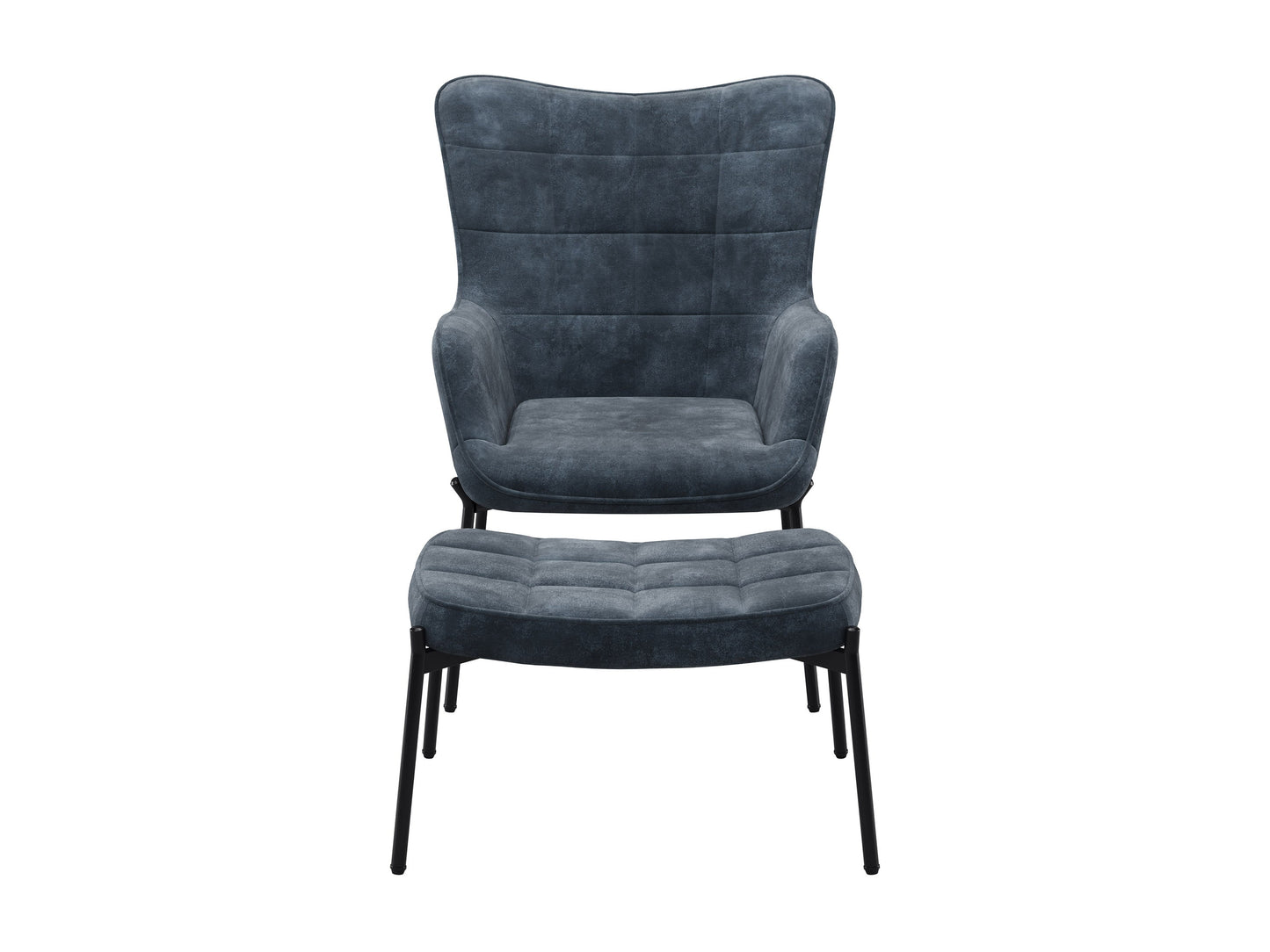 Velvet accent chair with stool in dark teal, featuring plush upholstery, wooden legs, and a modern design.
