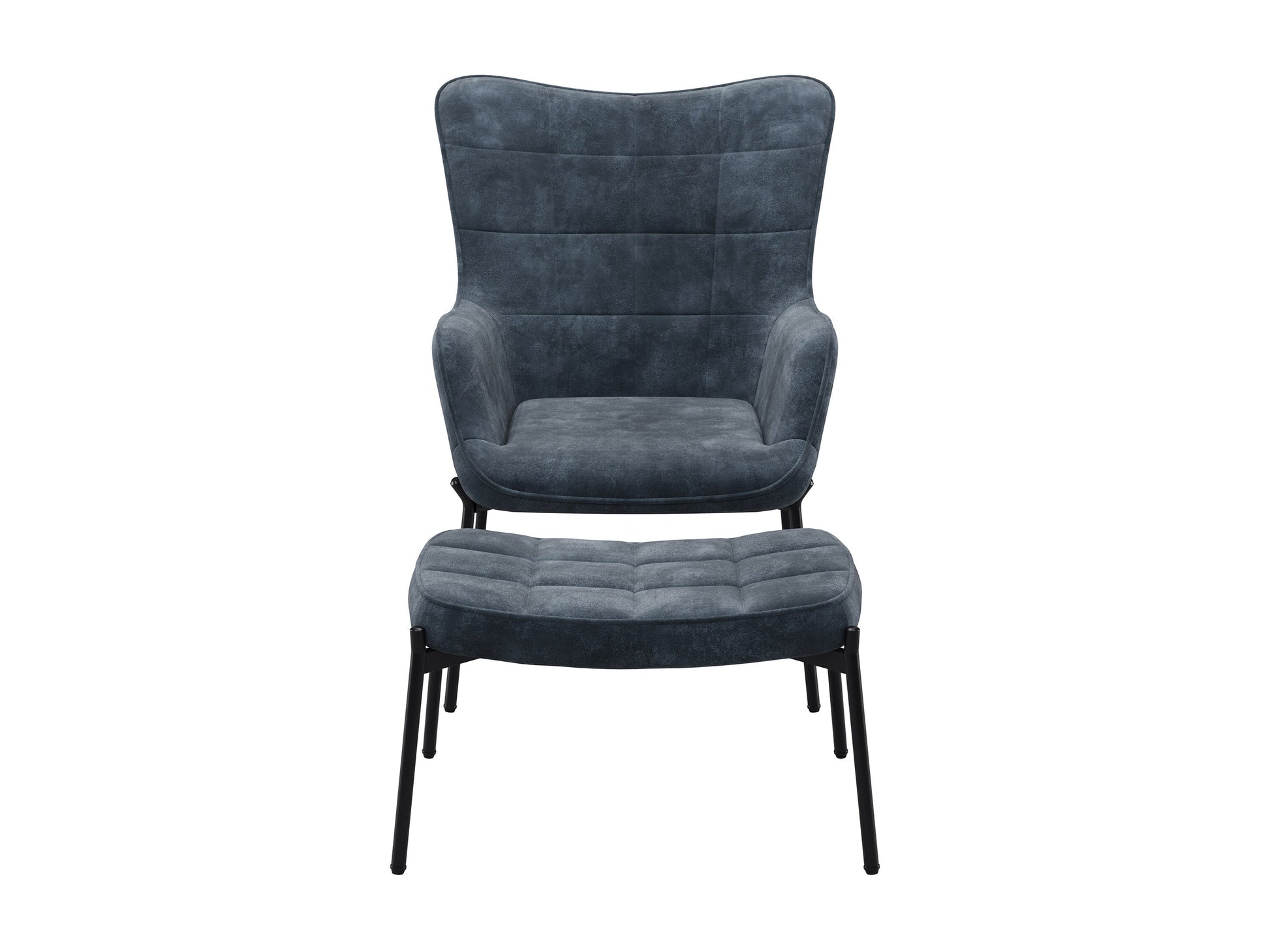Velvet accent chair with stool in dark teal, featuring plush upholstery, wooden legs, and a modern design.