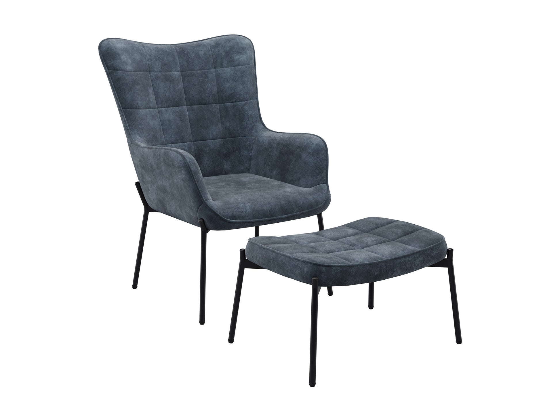 Dark teal velvet accent chair with matching ottoman, gold metal legs, and plush cushions for modern living room decor.