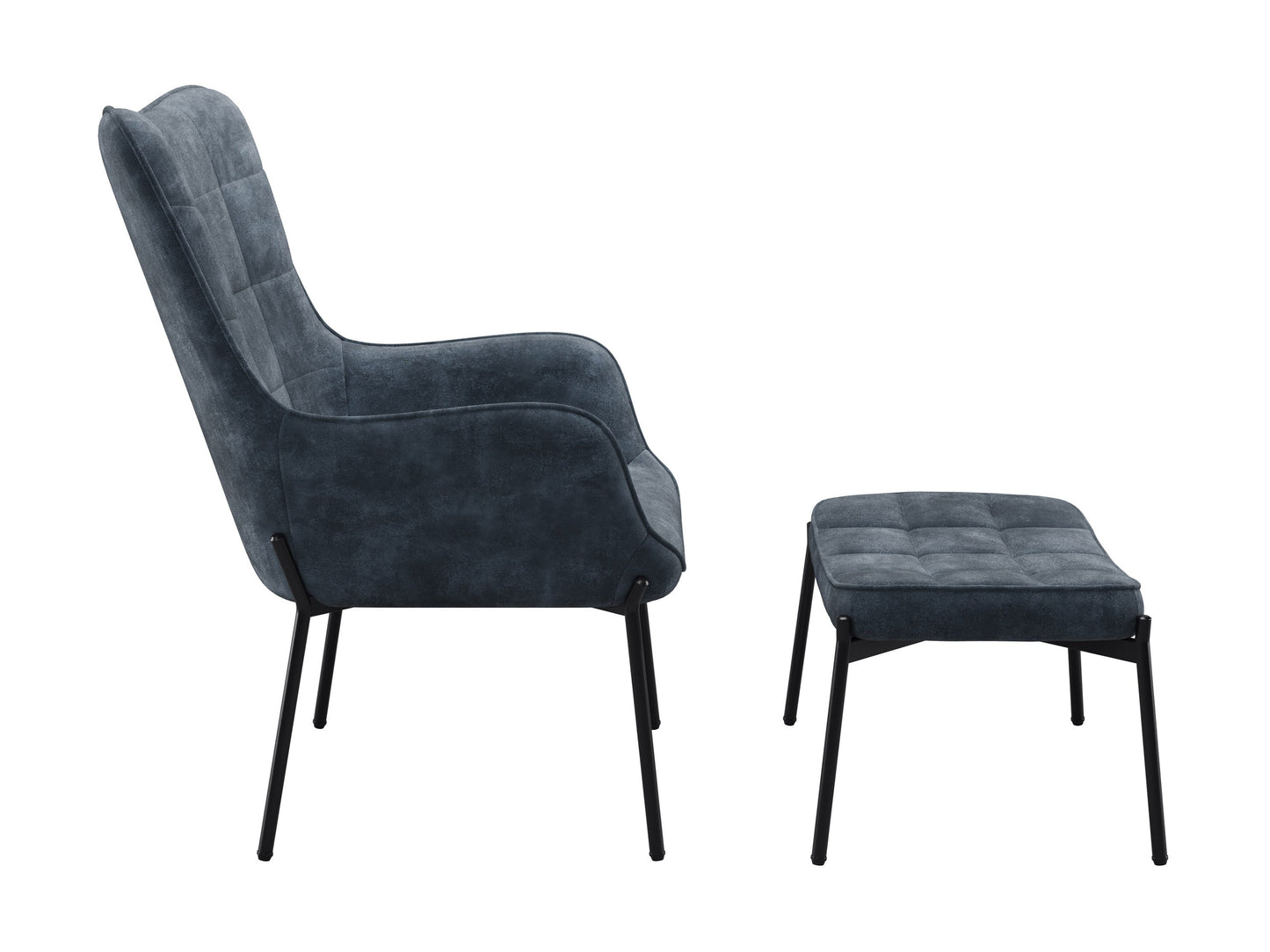 Dark teal velvet accent chair with matching ottoman, gold metal legs, and plush cushioning.