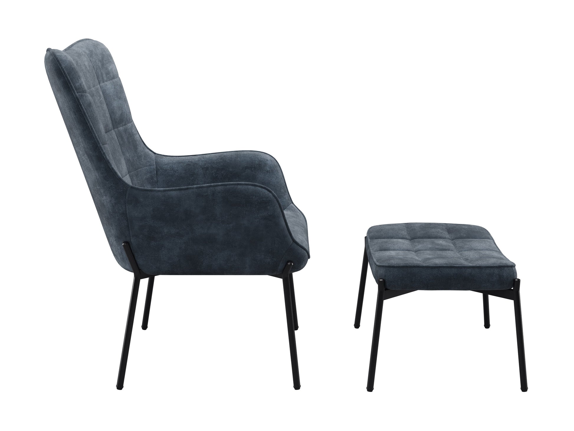 Dark teal velvet accent chair with matching ottoman, gold metal legs, and plush cushioning.
