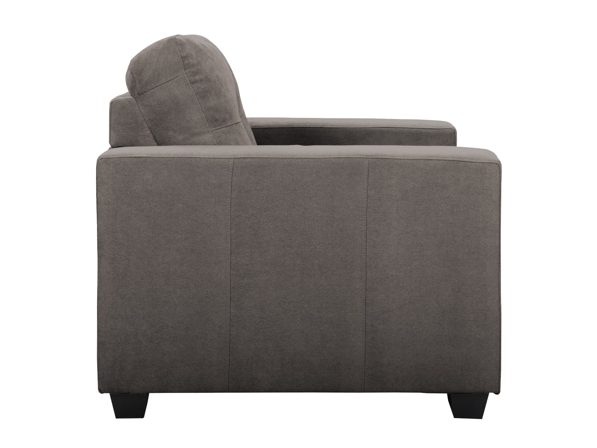 Wide armchair with plush gray upholstery, featuring wide armrests and a sturdy wooden frame, perfect for modern living rooms and cozy seating.