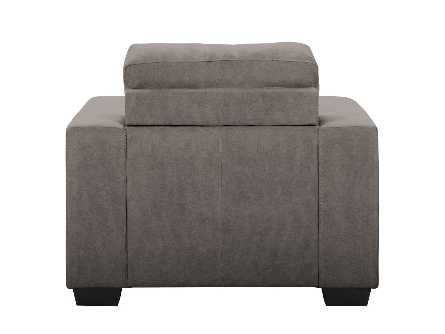 Wide armchair with modern design, featuring plush gray fabric upholstery, wide wooden armrests, and sleek black metal legs. Perfect for contemporary living rooms or office spaces, offering comfort and style.