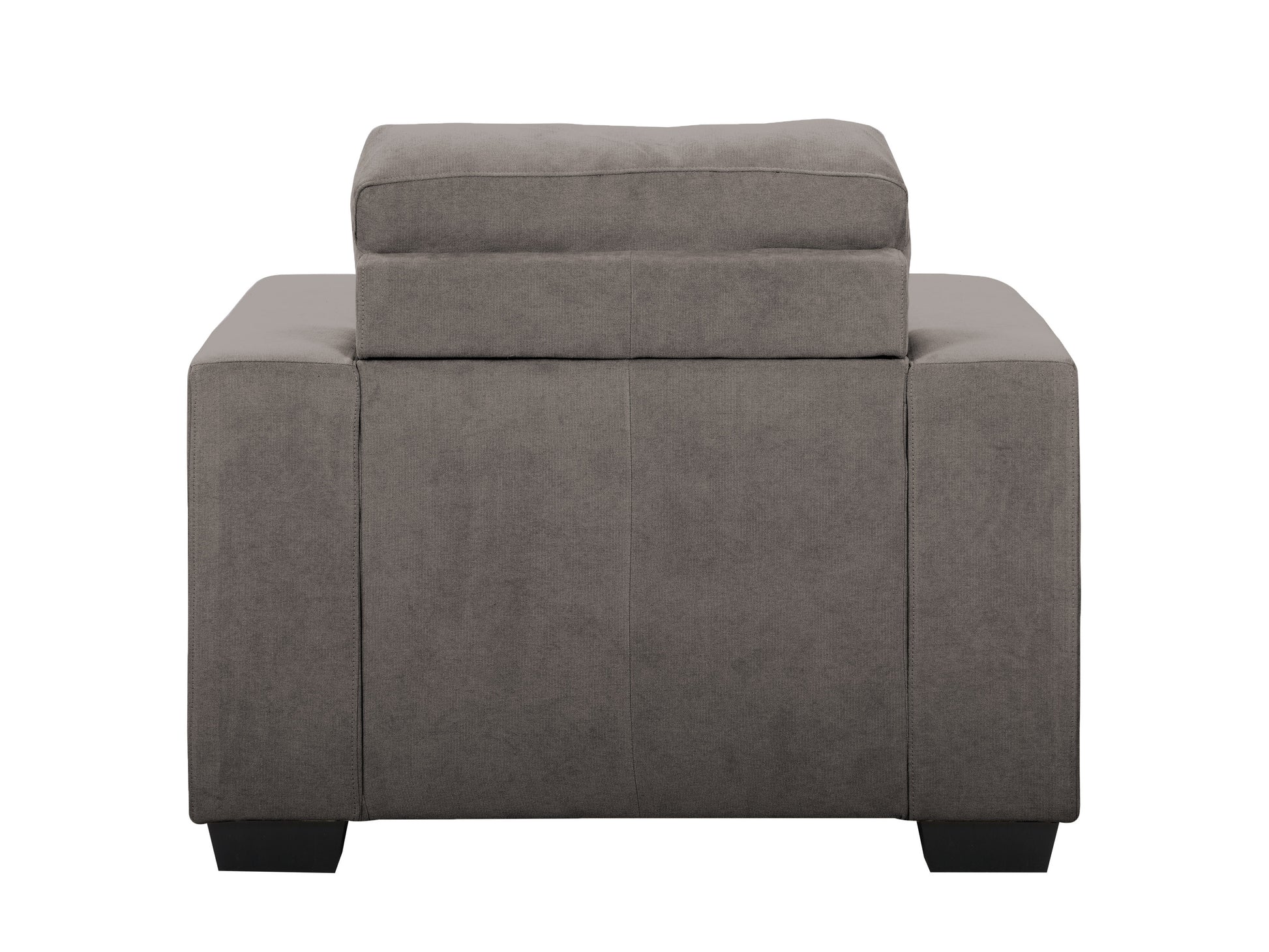 Wide armchair with modern design, featuring plush gray fabric upholstery, wide wooden armrests, and sleek black metal legs. Perfect for contemporary living rooms or office spaces, offering comfort and style.