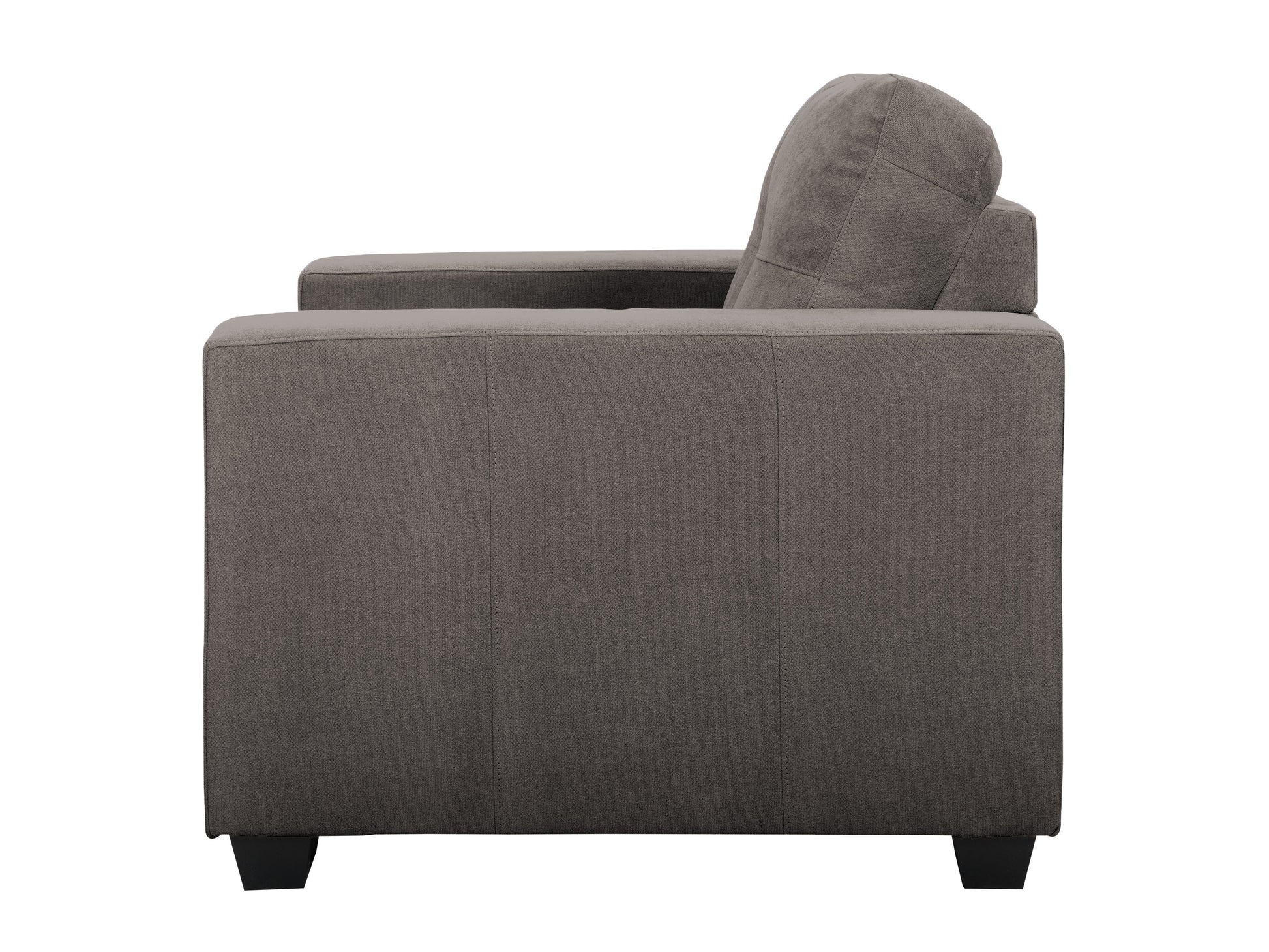 Wide armchair with plush beige cushions, dark wooden frame, and wide armrests. Features a modern design with a comfortable, spacious seat, perfect for living room or office decor.