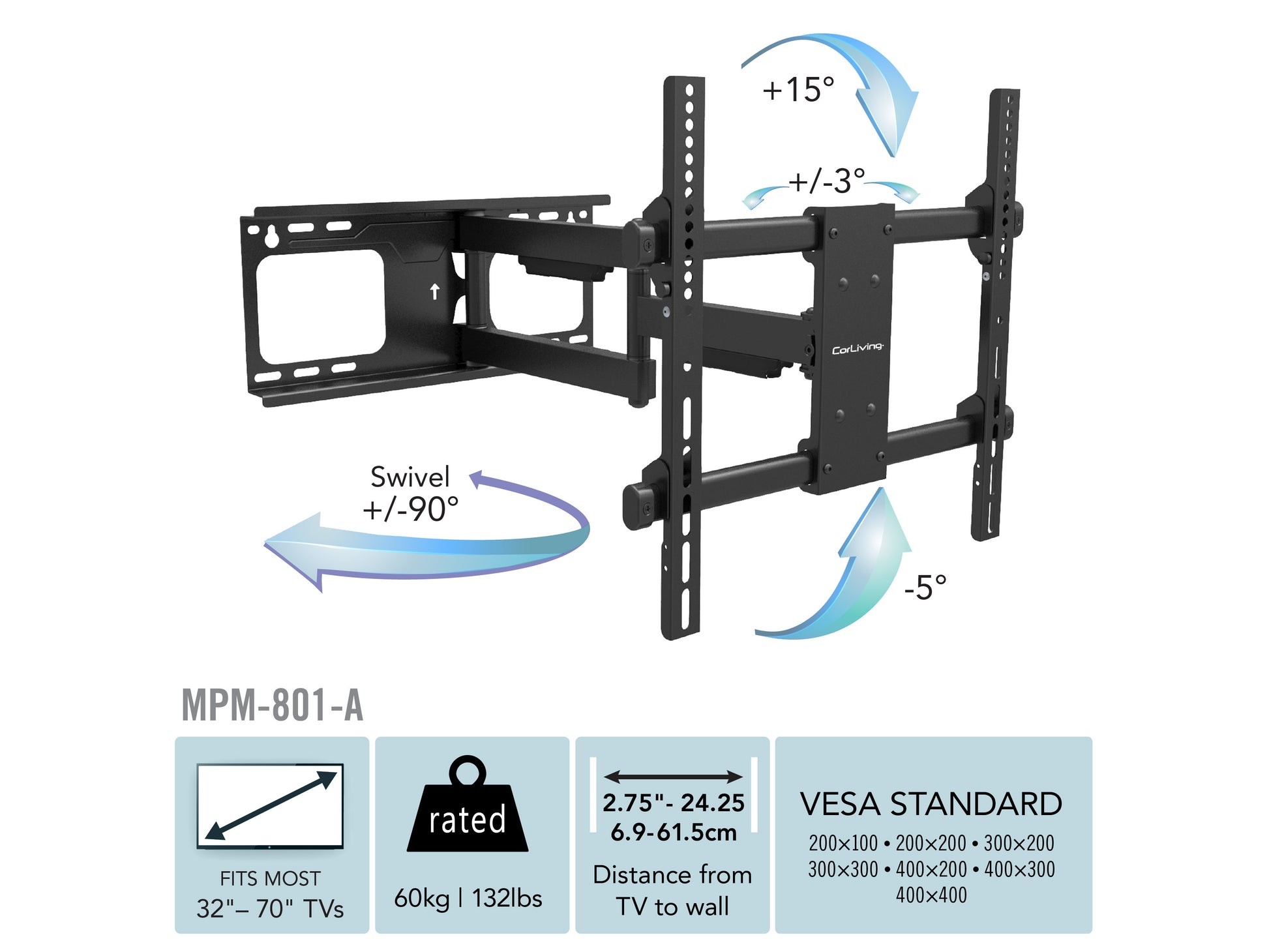 Full motion TV wall mount for 32" - 70" TVs, black, adjustable arms, durable steel construction, sleek design, easy installation, supports flat and curved screens, ideal for living rooms or home theaters.