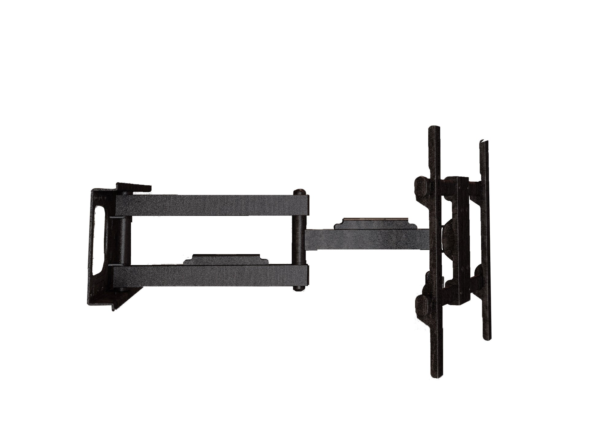 Full motion TV wall mount for 32" - 70" TVs, black metal construction, adjustable arm, sleek design, supports flat and curved screens, ideal for home entertainment setups, easy installation.