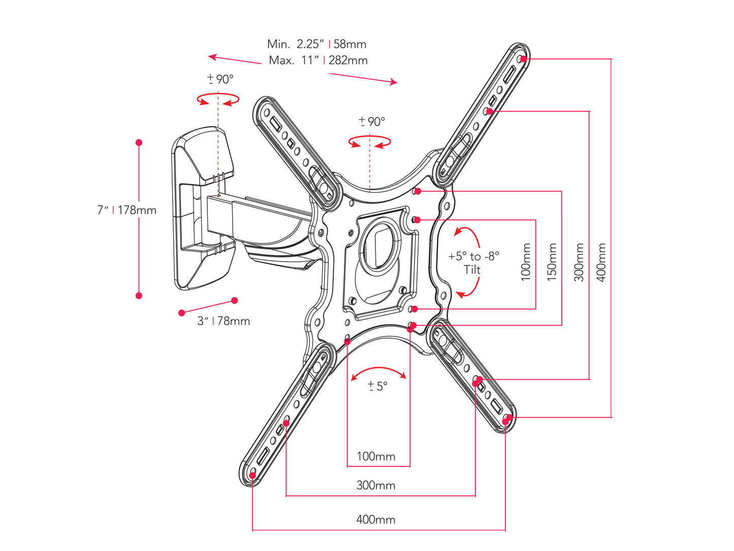 Articulating TV wall mount for 23" - 55" TVs, black metal frame with adjustable arms and swivel feature, wall-mounted installation, supports flat and curved screens, ideal for home or office use.