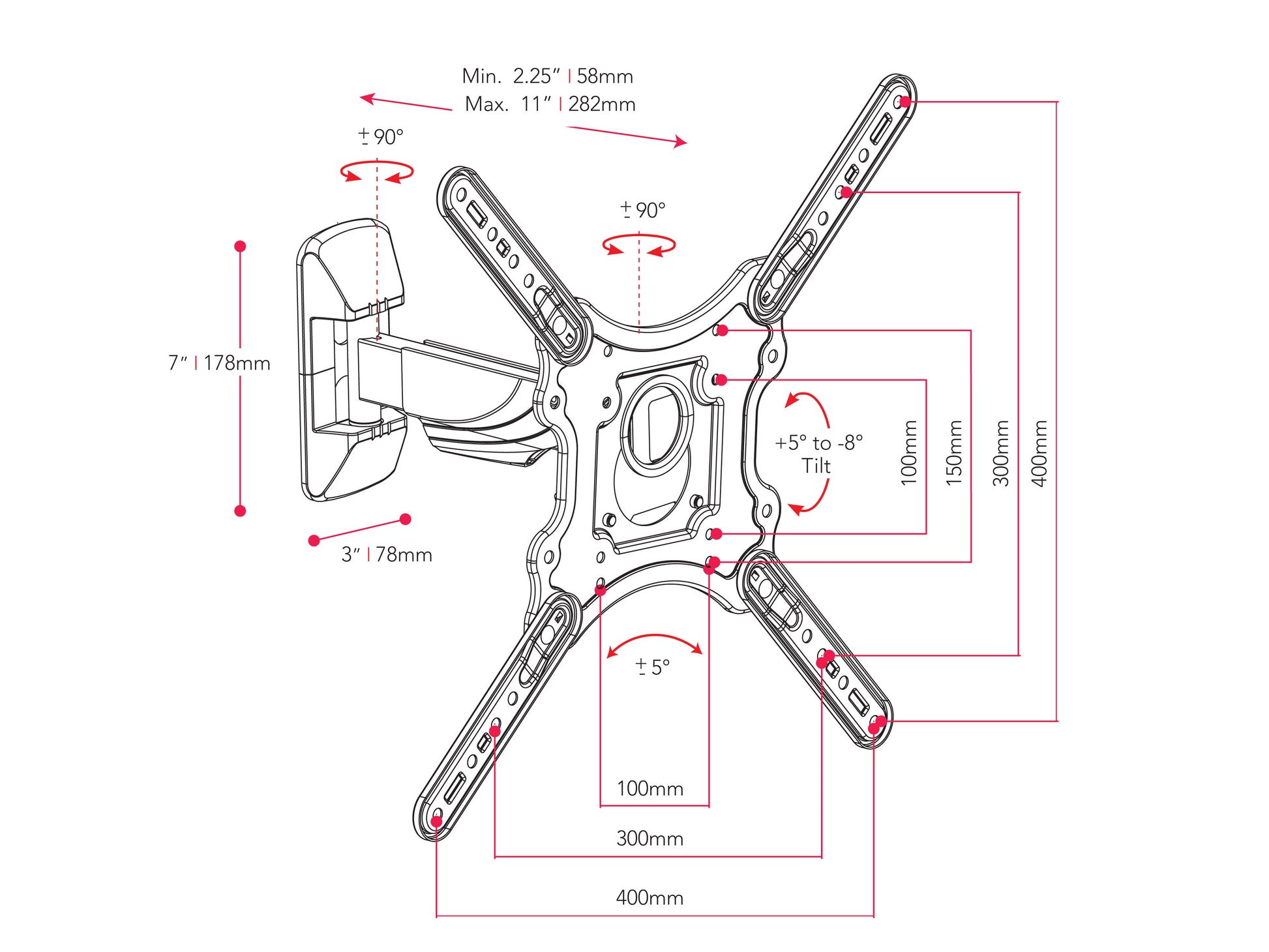 Articulating TV wall mount for 23" - 55" TVs, black metal frame with adjustable arms and swivel feature, wall-mounted installation, supports flat and curved screens, ideal for home or office use.