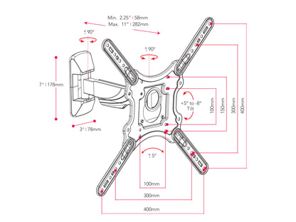 Articulating TV wall mount for 23" - 55" TVs, black metal frame with adjustable arms and swivel feature, wall-mounted installation, supports flat and curved screens, ideal for home or office use.