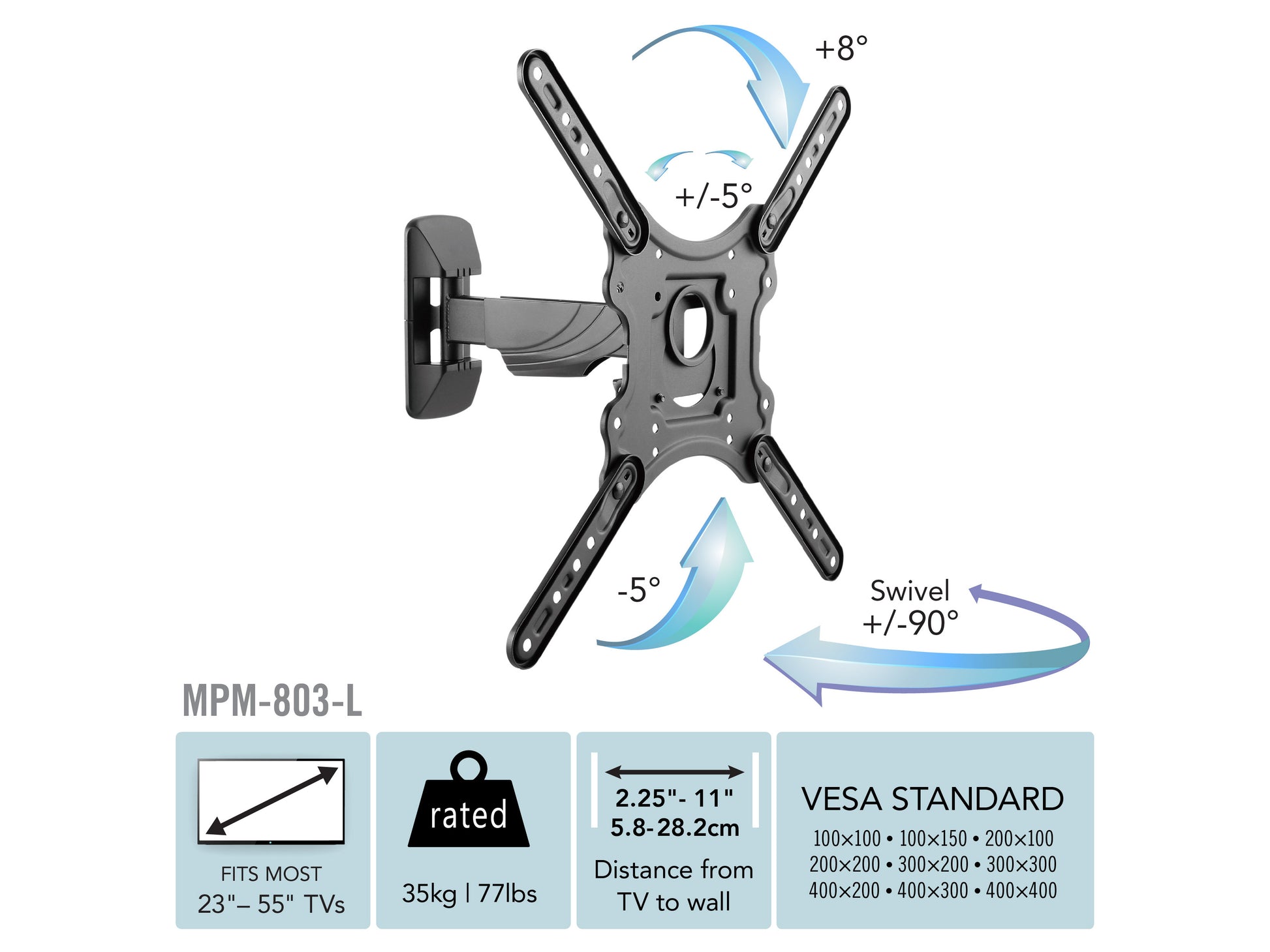 Adjustable articulating TV wall mount for 23" - 55" TVs, featuring a sturdy black metal frame with swivel and tilt functions for optimal viewing angles.