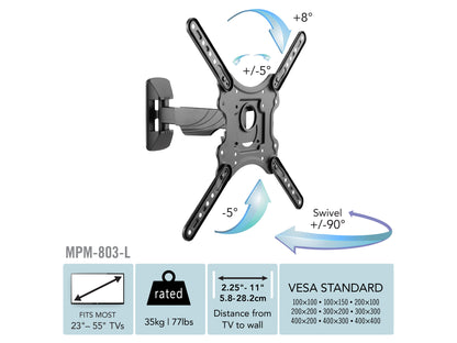 Adjustable articulating TV wall mount for 23" - 55" TVs, featuring a sturdy black metal frame with swivel and tilt functions for optimal viewing angles.
