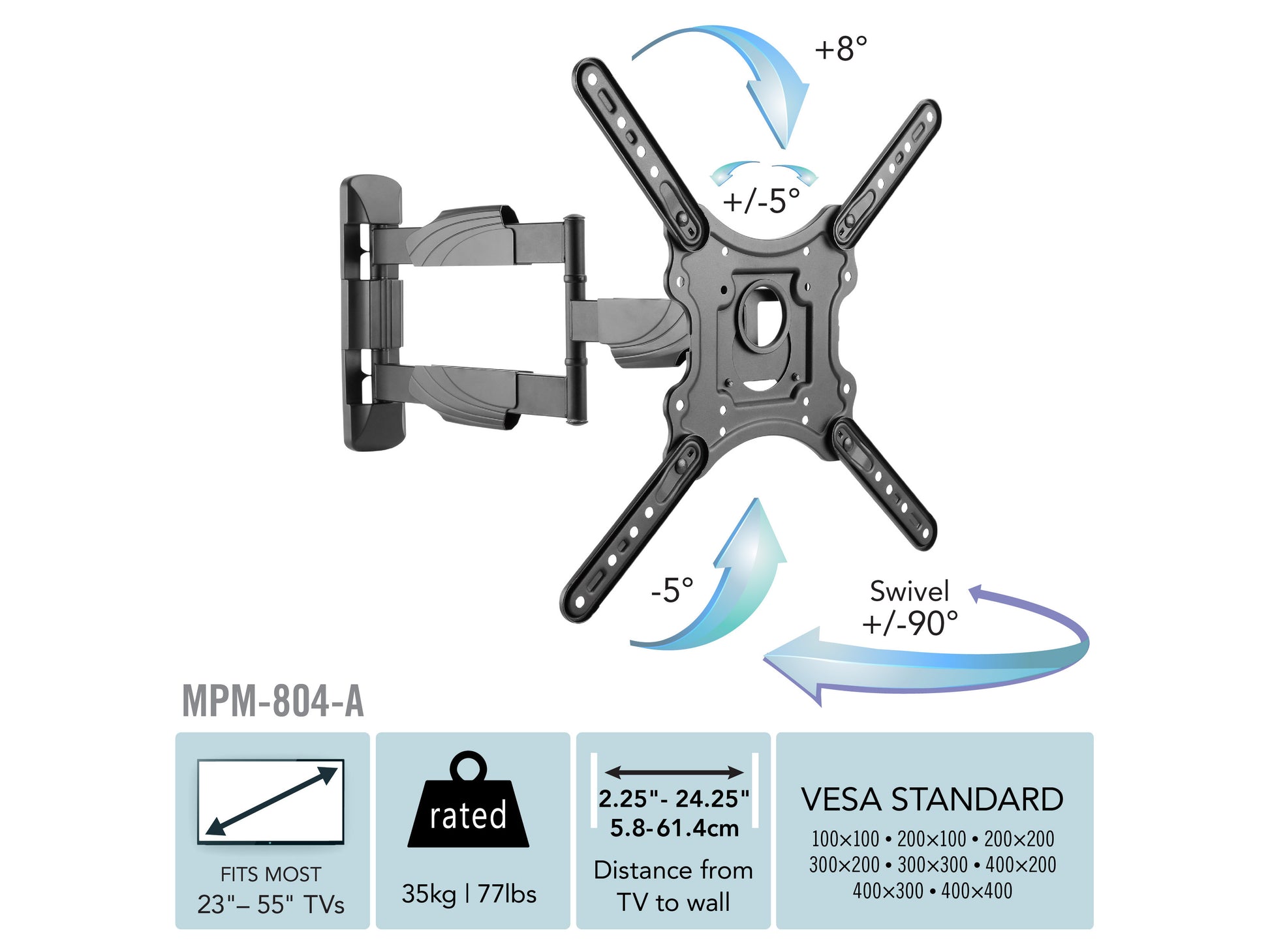 Full motion TV wall mount in black, designed for 23" to 55" TVs, featuring adjustable arms, sturdy metal construction, and sleek design for optimal viewing angles and space-saving installation.