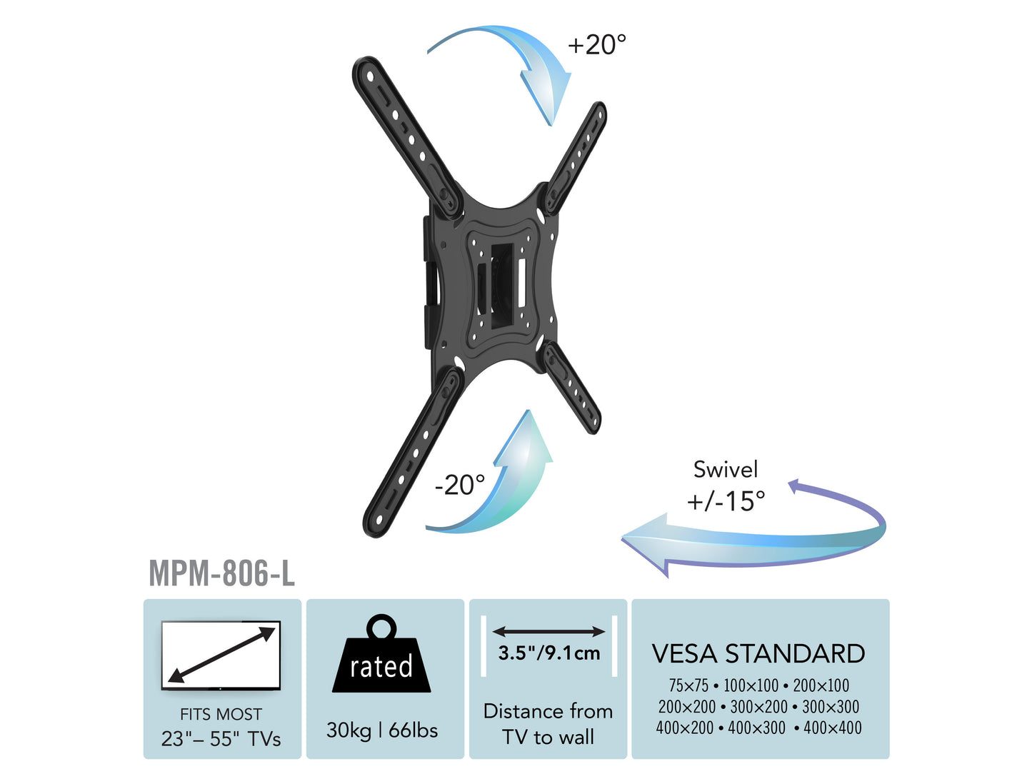 Full motion TV wall mount for 23" - 55" TVs, black steel construction, adjustable tilt, swivel, and extension features, supports up to 77 lbs, ideal for living rooms and home theaters.