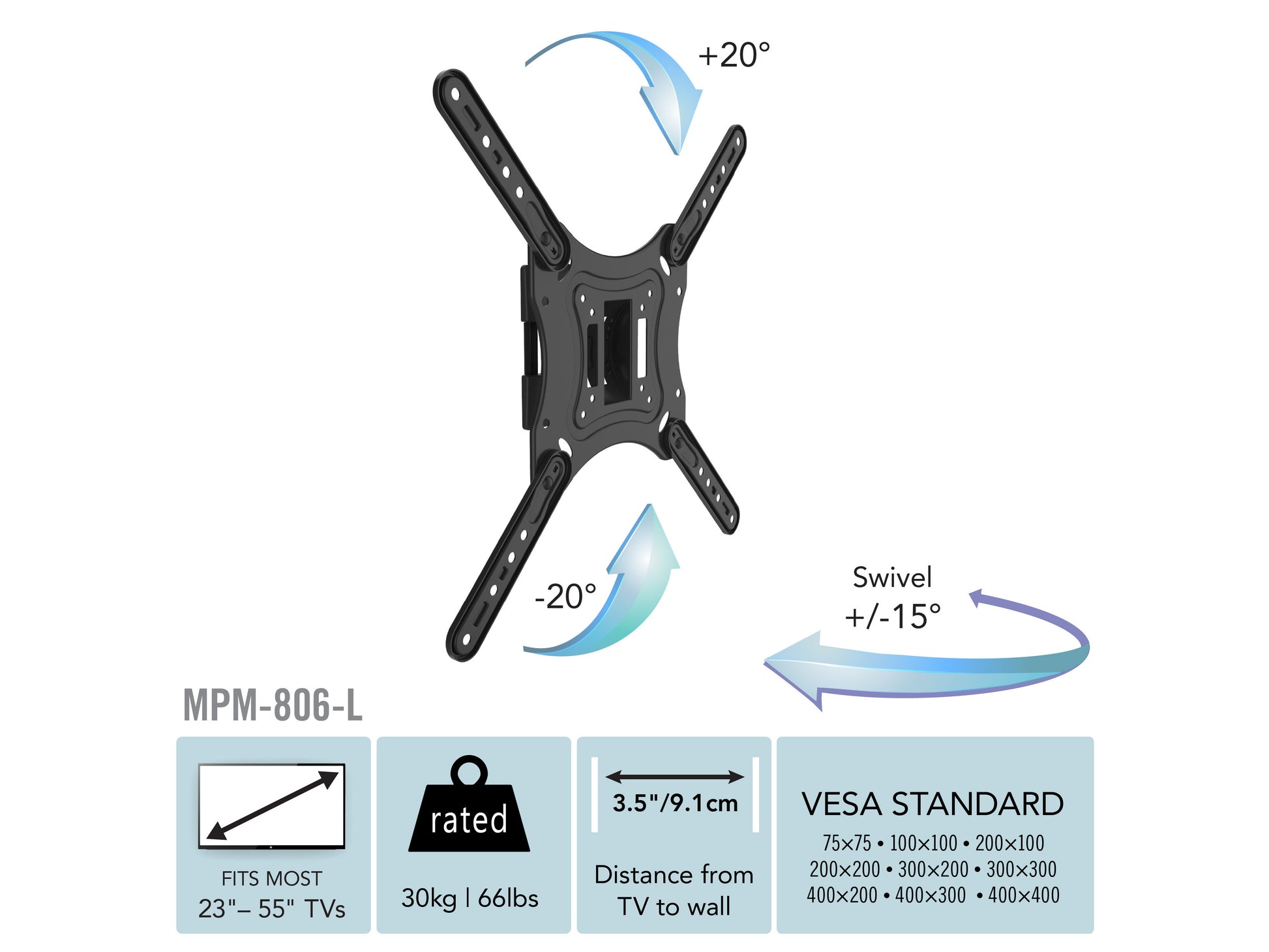 Full motion TV wall mount for 23" - 55" TVs, black steel construction, adjustable tilt, swivel, and extension features, supports up to 77 lbs, ideal for living rooms and home theaters.