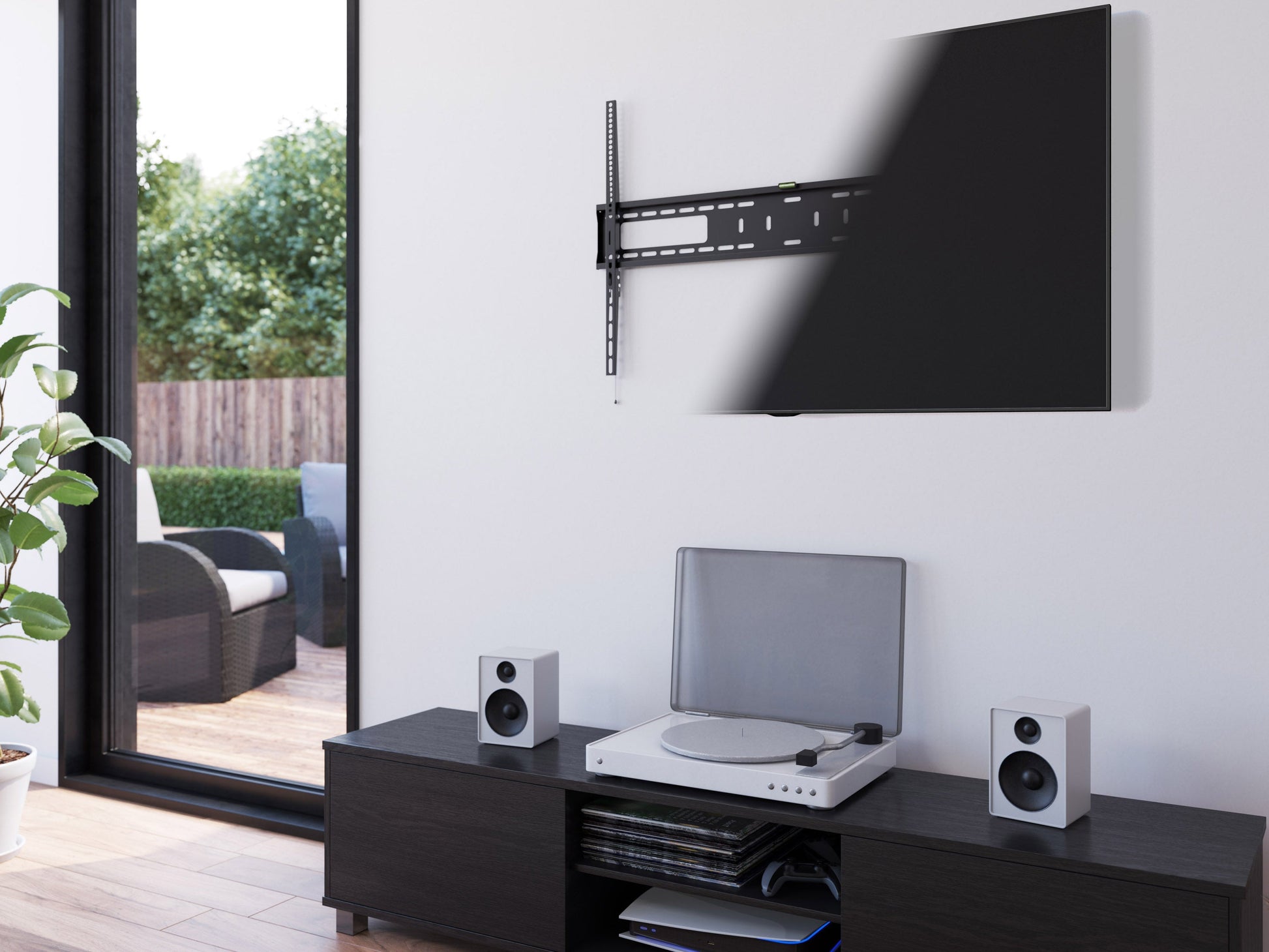 Fixed wall mount for large TVs up to 100 inches, black metal frame, secure and space-saving design.