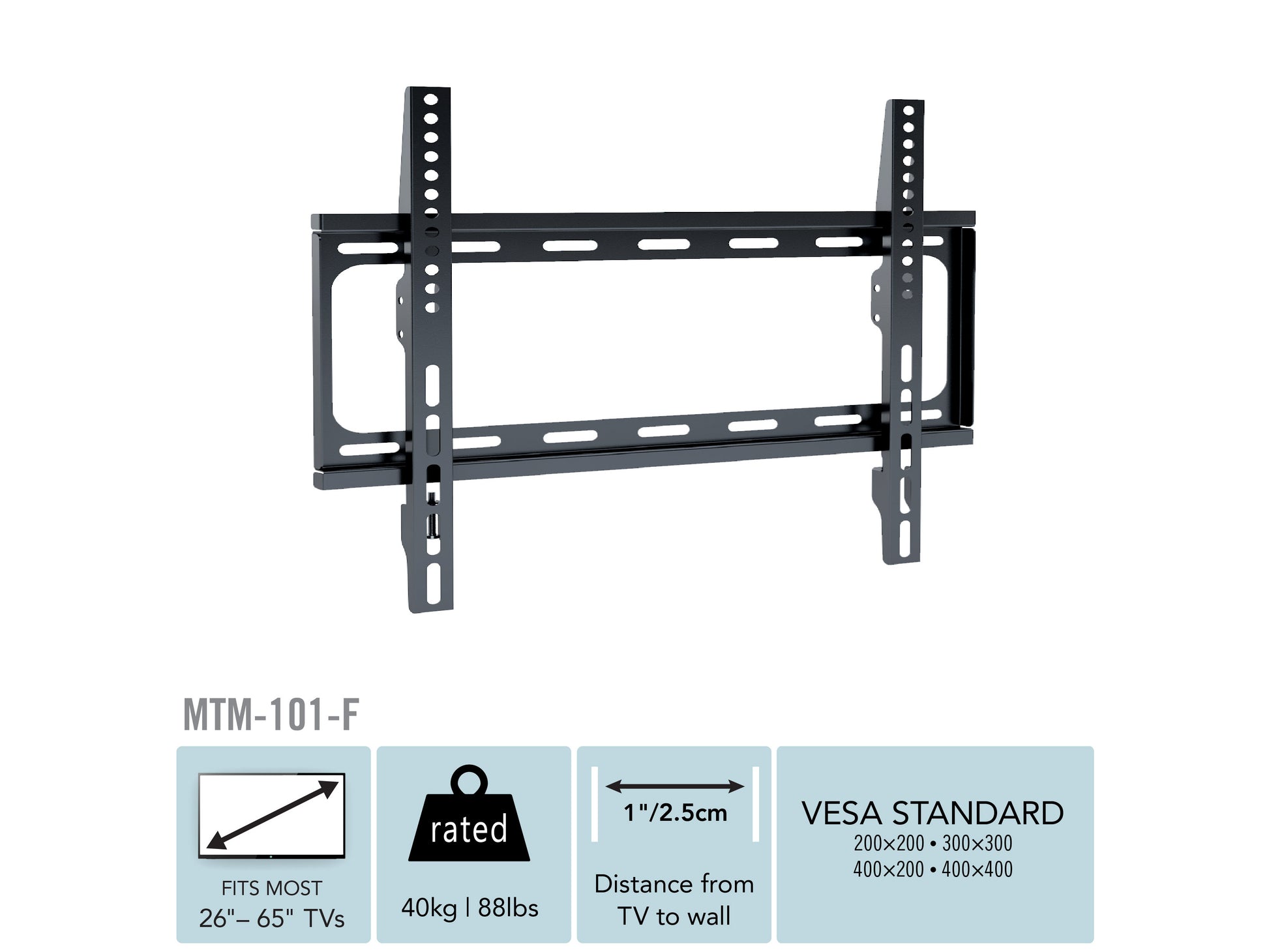 Fixed TV wall mount for 26" - 65" TVs, black steel frame with secure locking mechanism, slim profile for flat and curved screens, easy installation with included hardware, ideal for living rooms and offices.