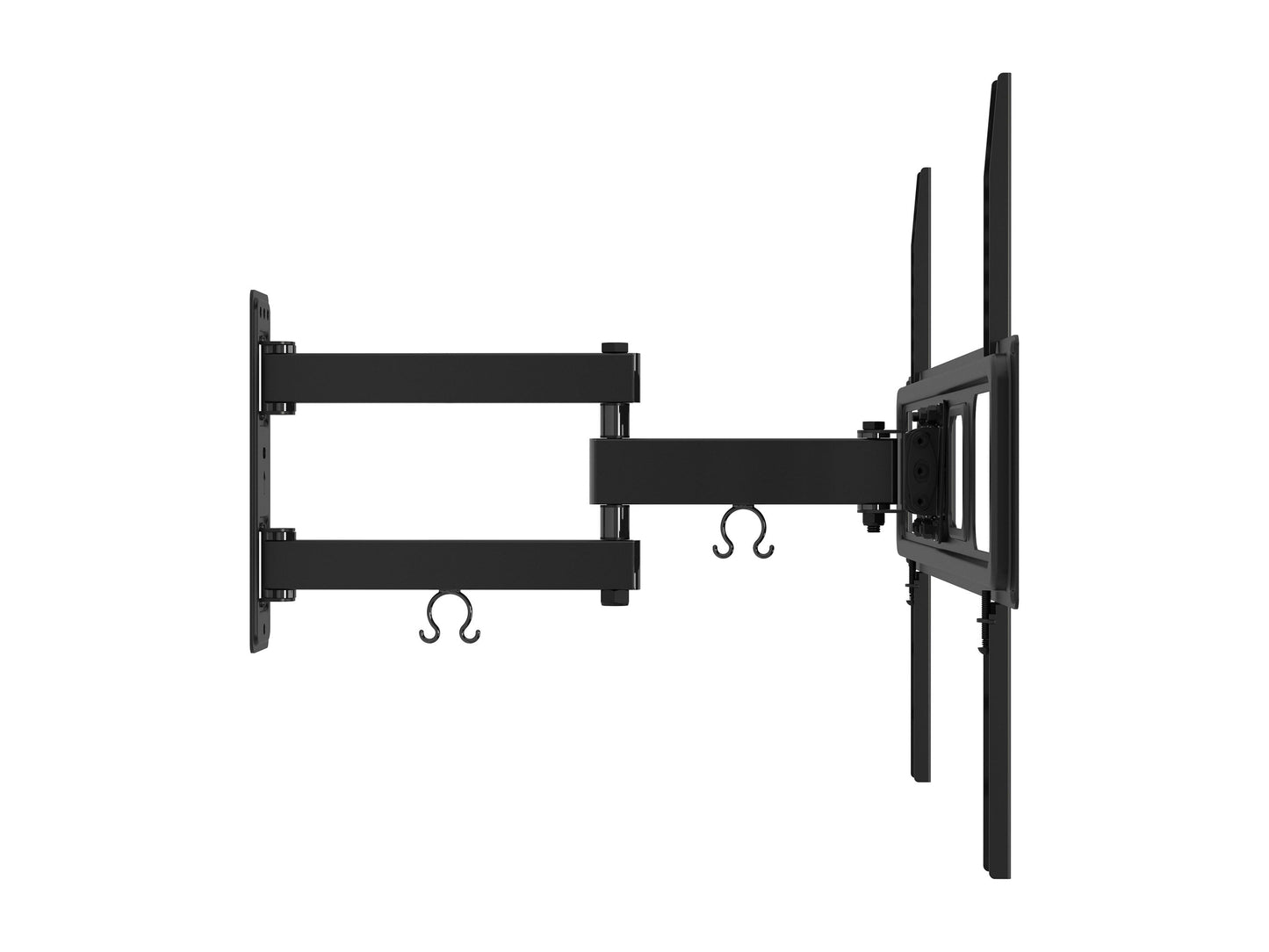 Full motion TV wall mount for 70" screens, black steel, adjustable arms, and cable management.