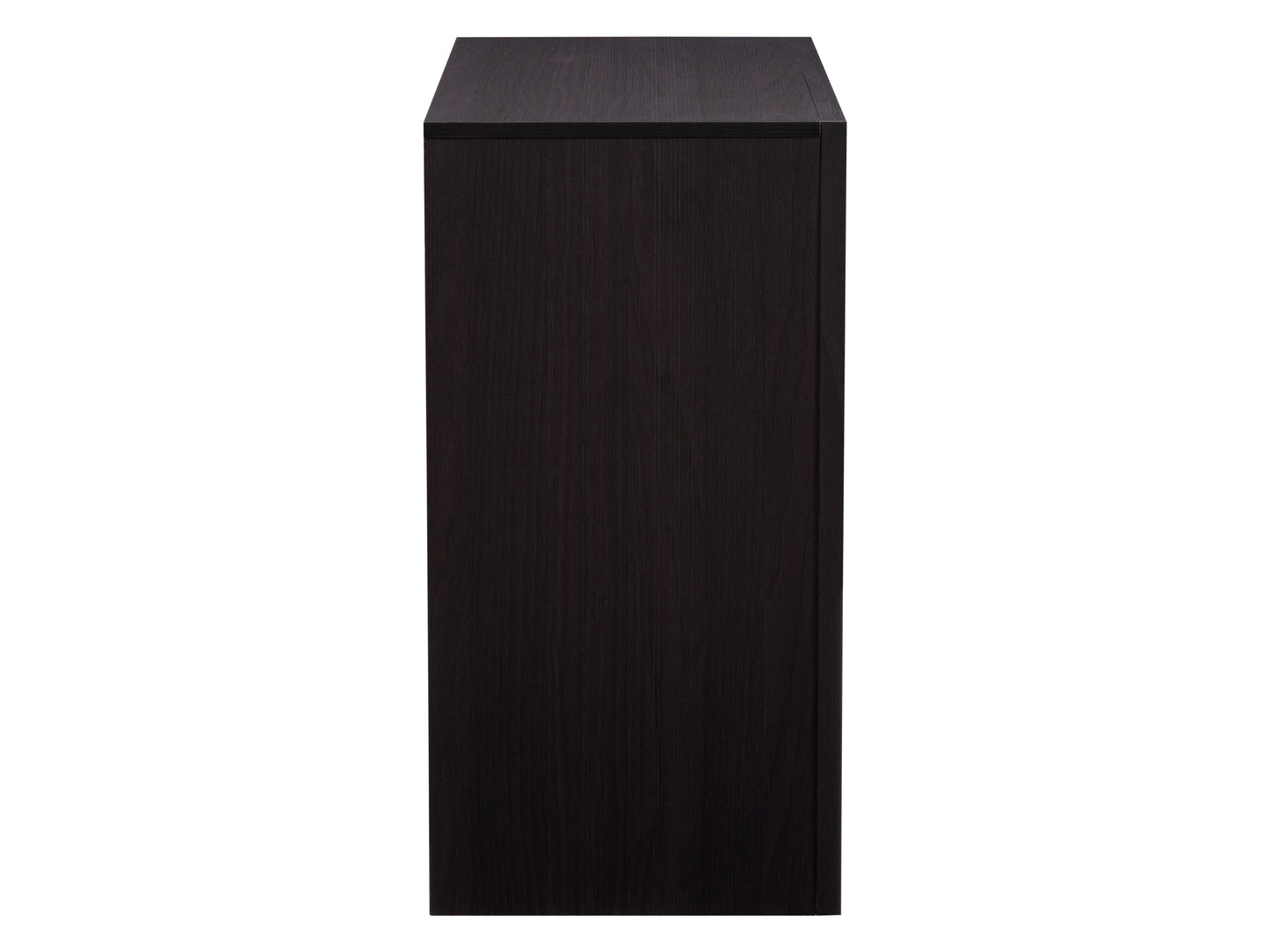 Black mid-century modern dresser with sleek lines, wooden legs, and minimalist design.