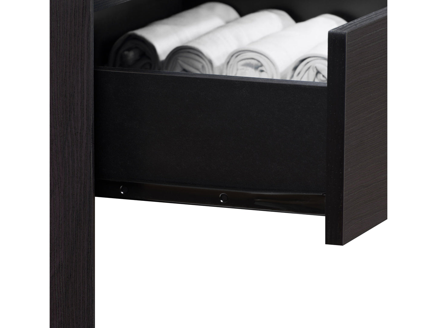 Black tall bedroom dresser with sleek handles, five spacious drawers, and a modern minimalist design.