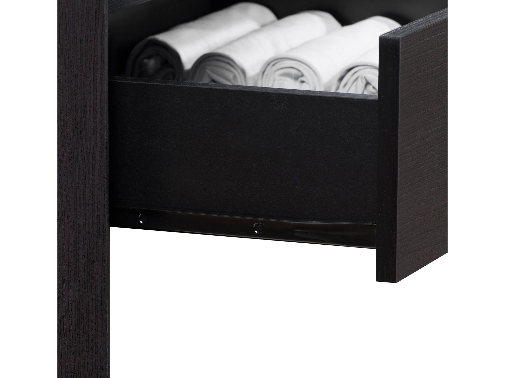 Black tall bedroom dresser with sleek handles, five spacious drawers, and a modern minimalist design.