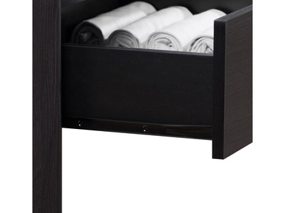 Black tall bedroom dresser with sleek handles, five spacious drawers, and a modern minimalist design.