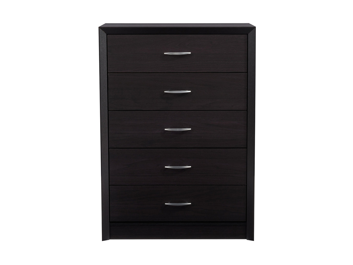 Tall black bedroom dresser with sleek design, multiple drawers, and modern metal handles.