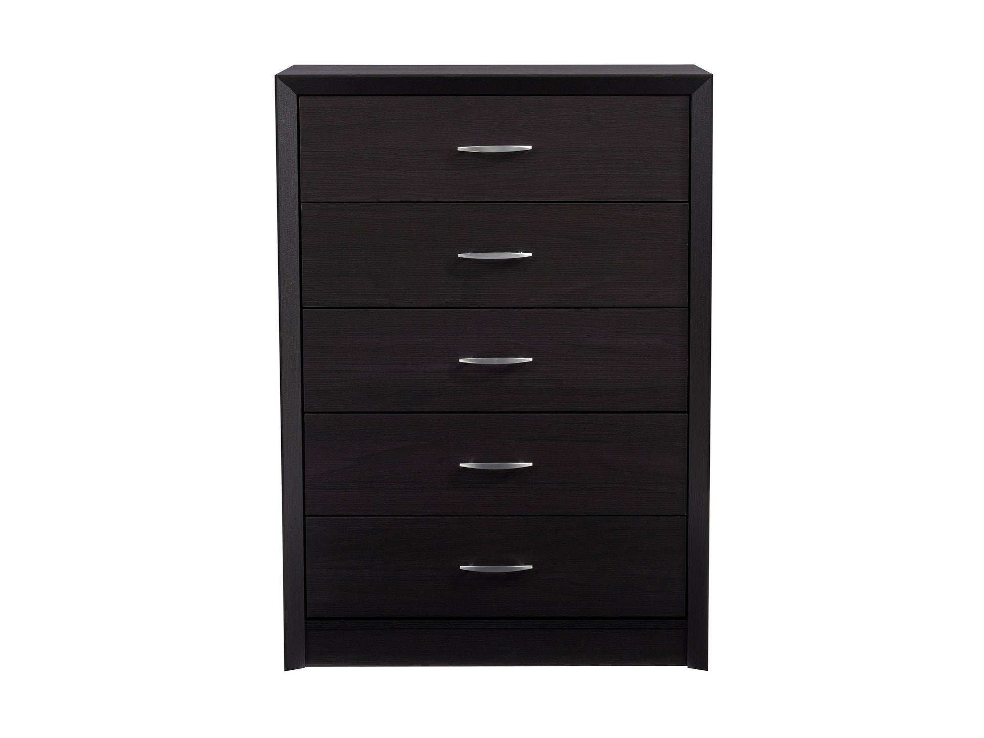 Tall black bedroom dresser with sleek design, multiple drawers, and modern metal handles.