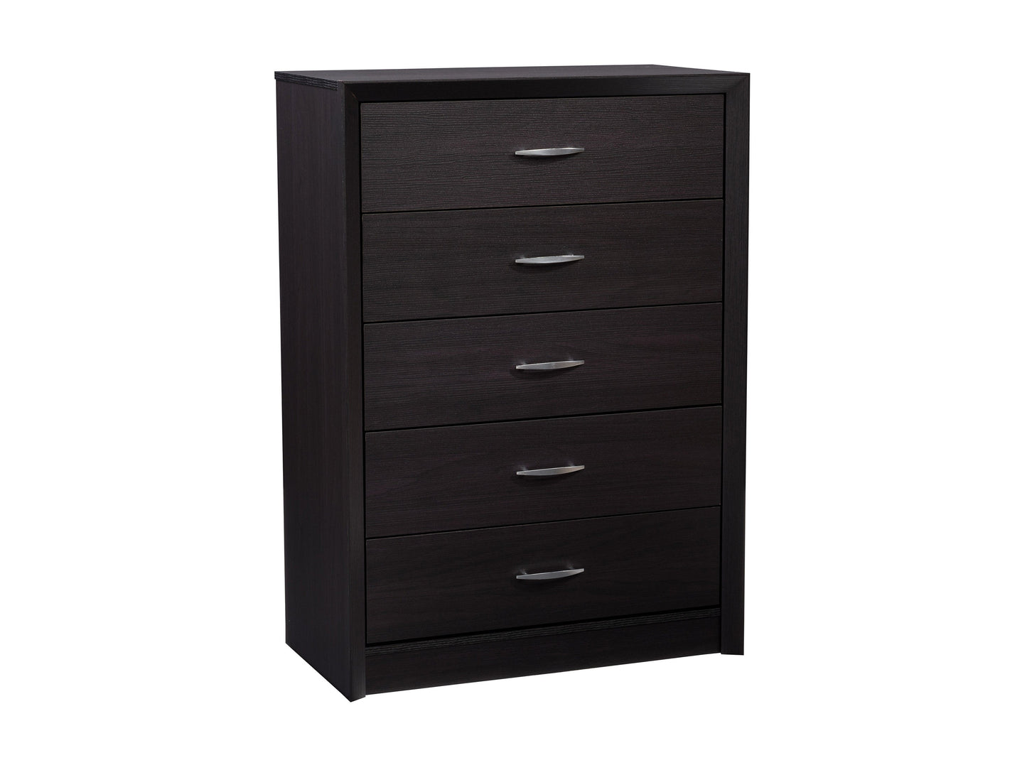 Black tall bedroom dresser with sleek design, silver handles, and ample storage drawers.