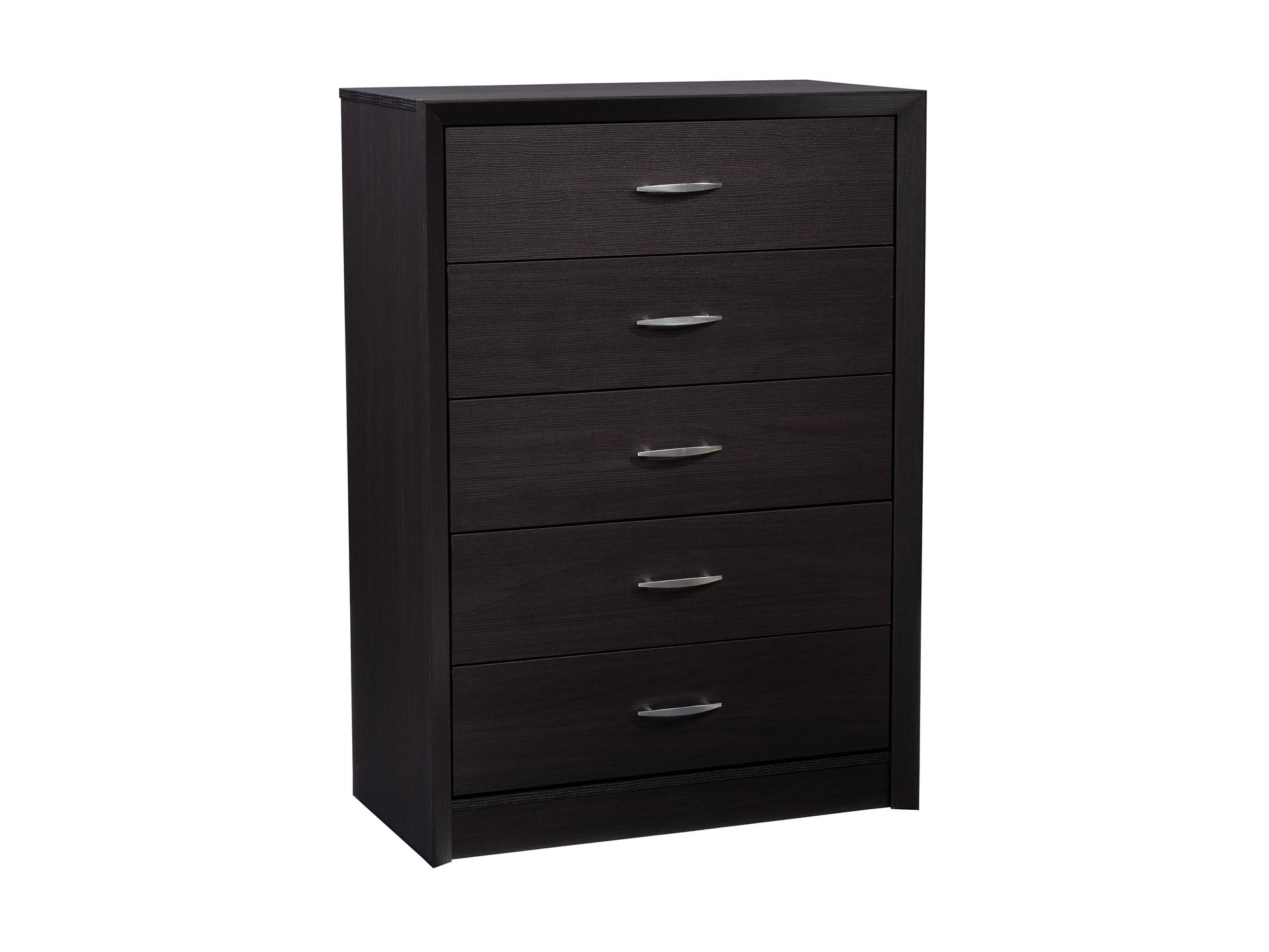Black tall bedroom dresser with sleek design, silver handles, and ample storage drawers.