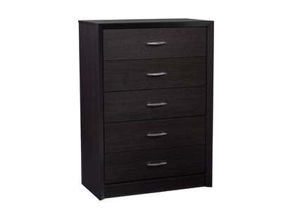 Black tall bedroom dresser with sleek design, silver handles, and ample storage drawers.
