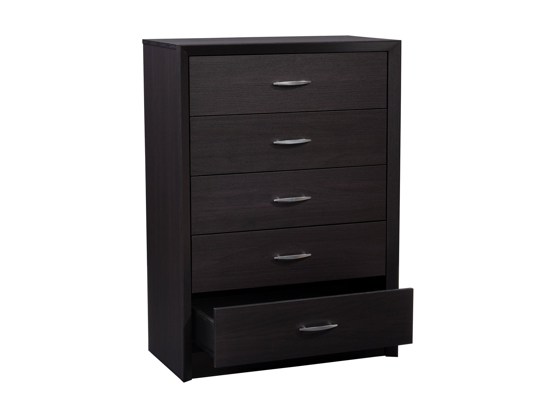 Black tall bedroom dresser with five drawers, sleek handles, and modern design, perfect for contemporary home decor.