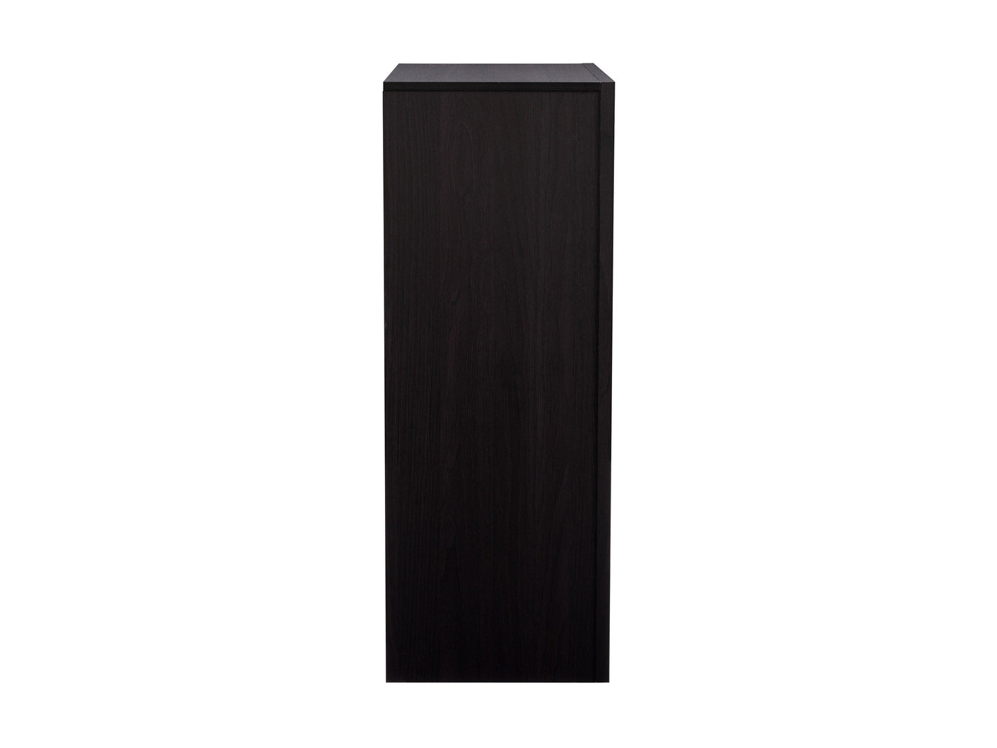 Black tall bedroom dresser with sleek design, multiple drawers, and modern metal handles.