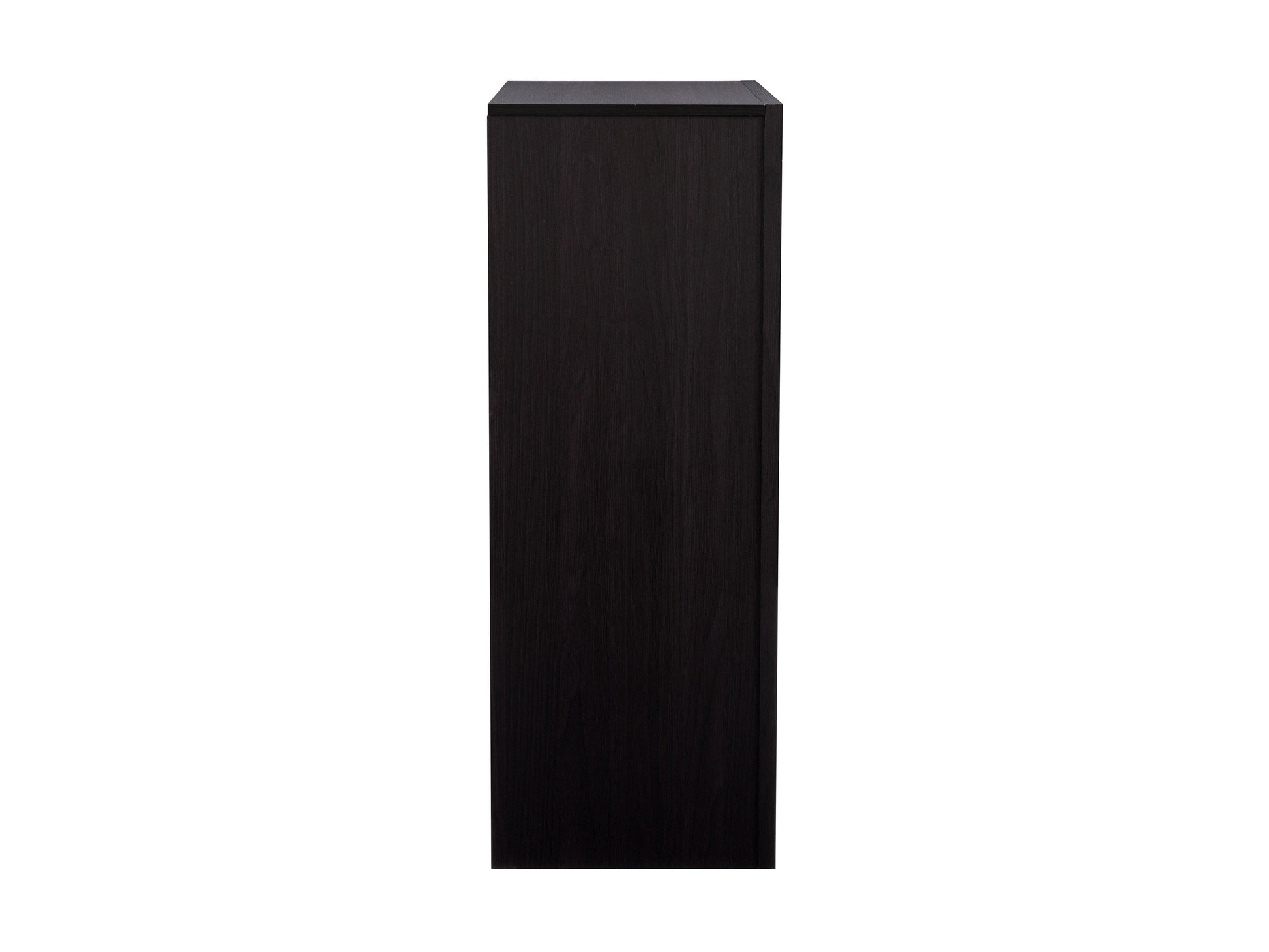 Black tall bedroom dresser with sleek design, multiple drawers, and modern metal handles.