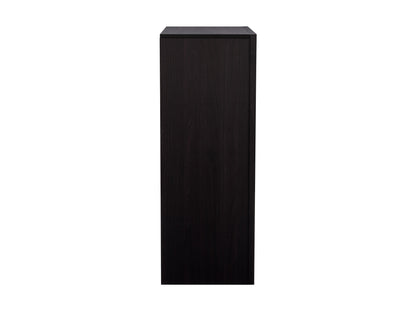 Black tall bedroom dresser with sleek design, multiple drawers, and modern metal handles.