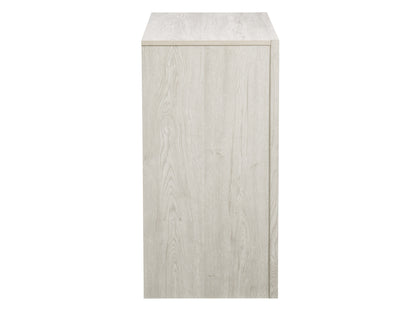 Mid-century modern dresser in white-washed oak with sleek lines and brass handles.
