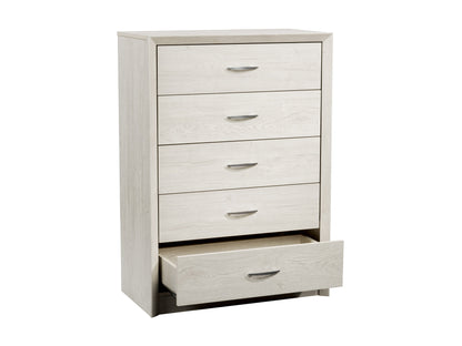 White washed oak tall bedroom dresser with multiple drawers and sleek metal handles.