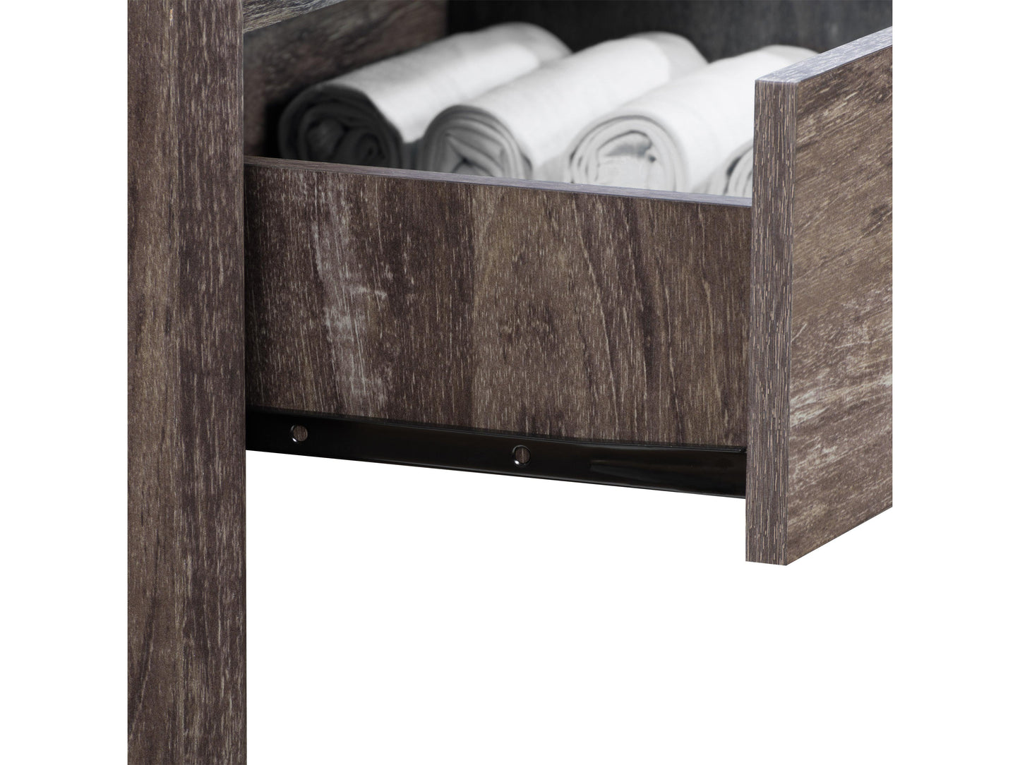Modern dresser with six walnut wood drawers, sleek black metal frame, and minimalist design. Perfect for bedroom storage, adding a touch of contemporary elegance with its clean lines and durable construction.