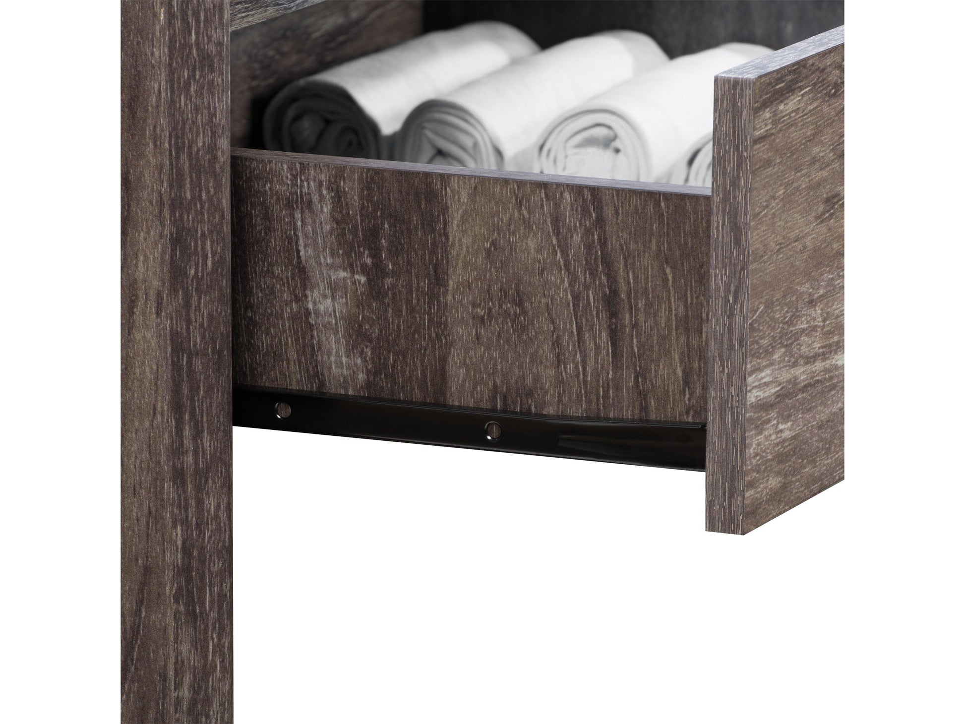 Modern dresser with six walnut wood drawers, sleek black metal frame, and minimalist design. Perfect for bedroom storage, adding a touch of contemporary elegance with its clean lines and durable construction.