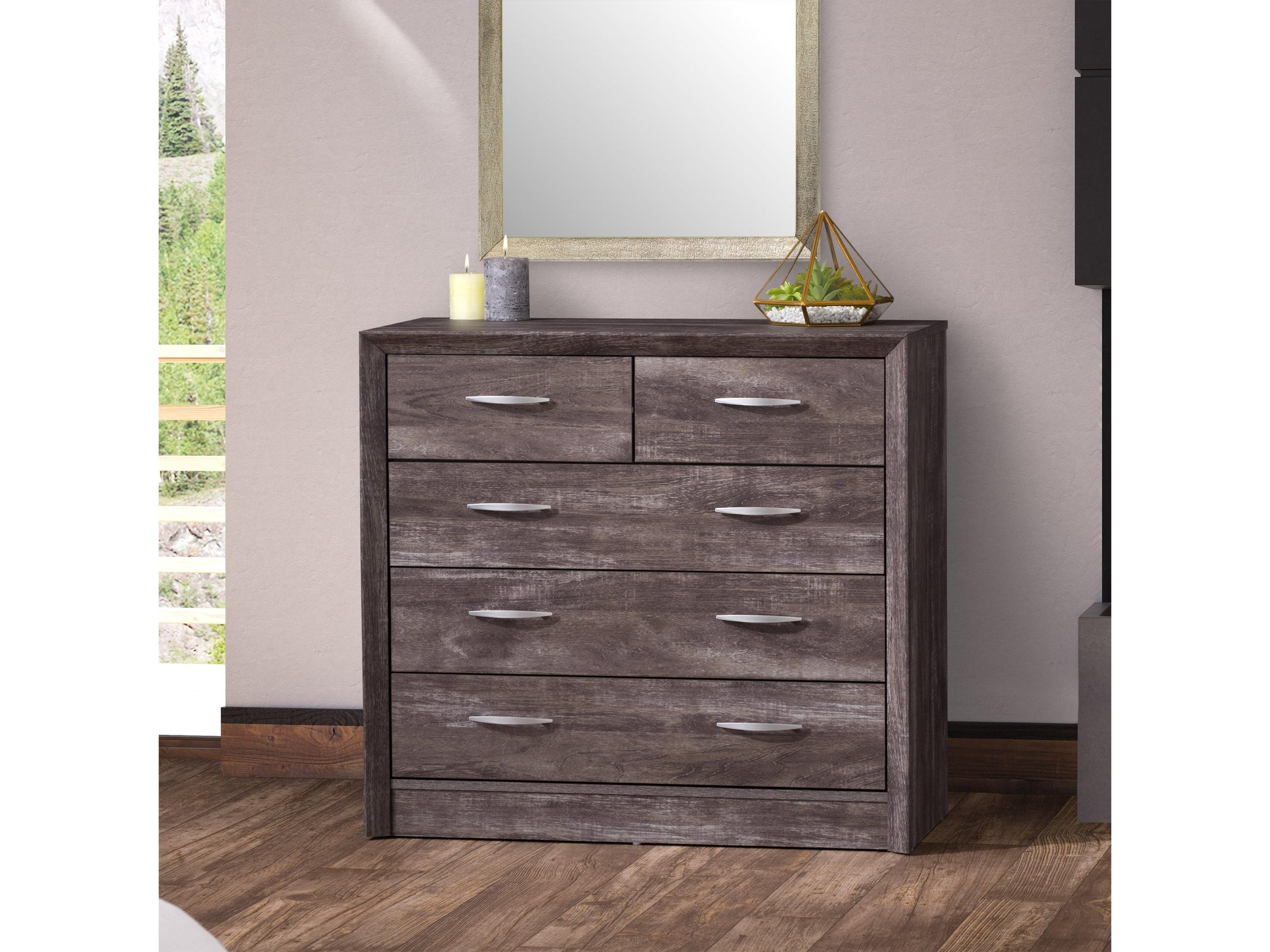 Modern wooden dresser with six spacious drawers, featuring a sleek walnut finish, minimalist metal handles, and a sturdy frame. Ideal for contemporary bedrooms or living spaces, offering ample storage and stylish design.