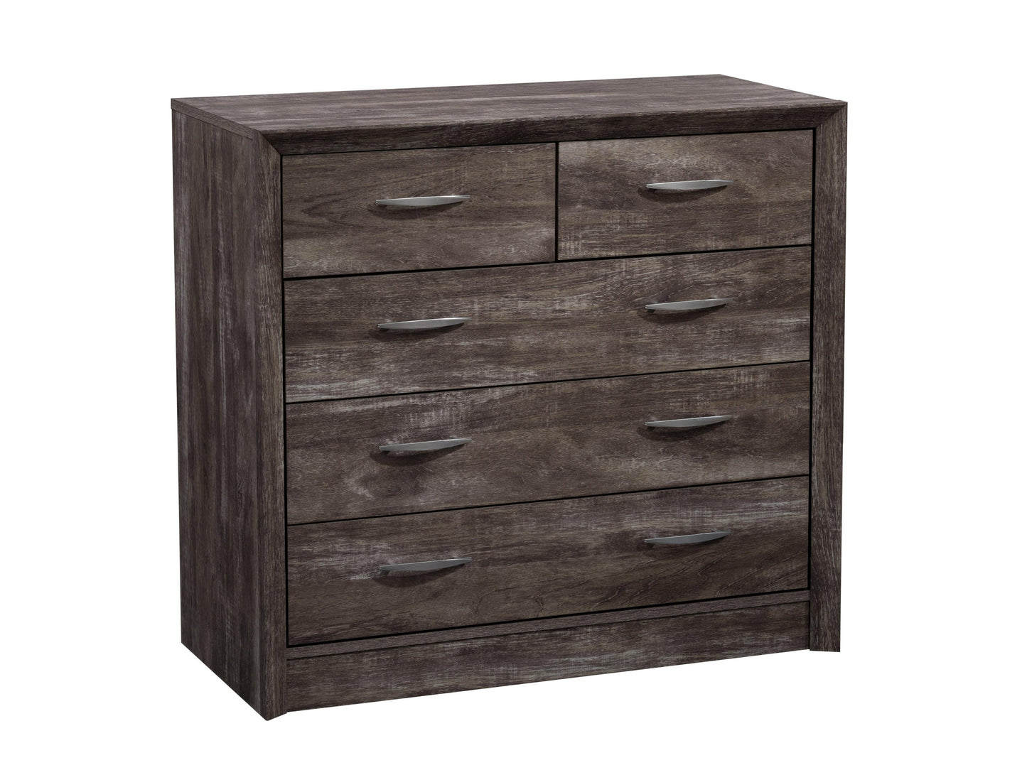 Modern wooden dresser in walnut finish with six spacious drawers and sleek metal handles, featuring a minimalist design and smooth texture, perfect for contemporary bedroom decor.